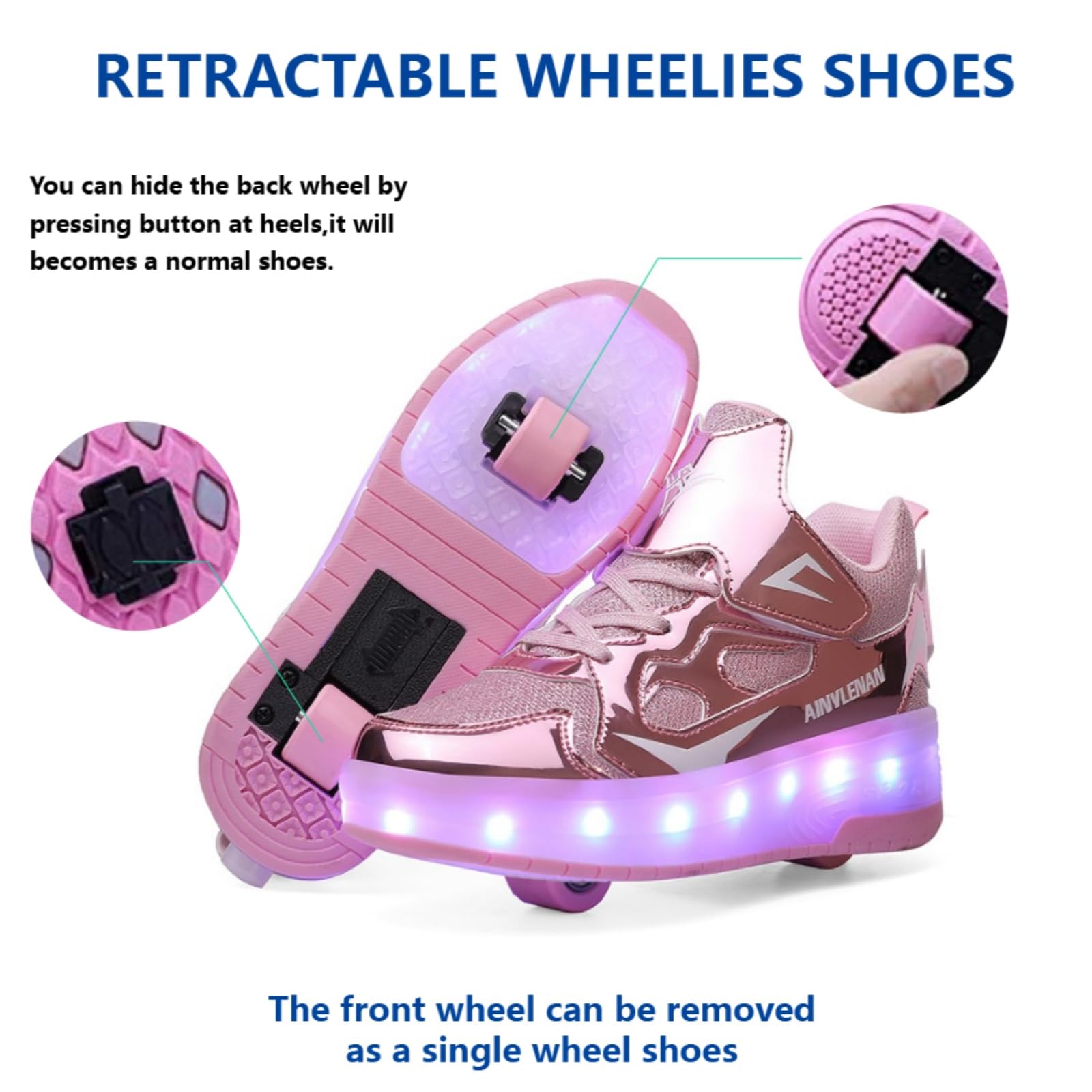 Dziecięce sneakersy, 2-wiel skateboard schoenen, verstelbaar kleurveranderend licht, USB-oplaadbaar, universeel voor jongens en meisjes, zwart, roze, goud, zilver, maat 27-40 EU