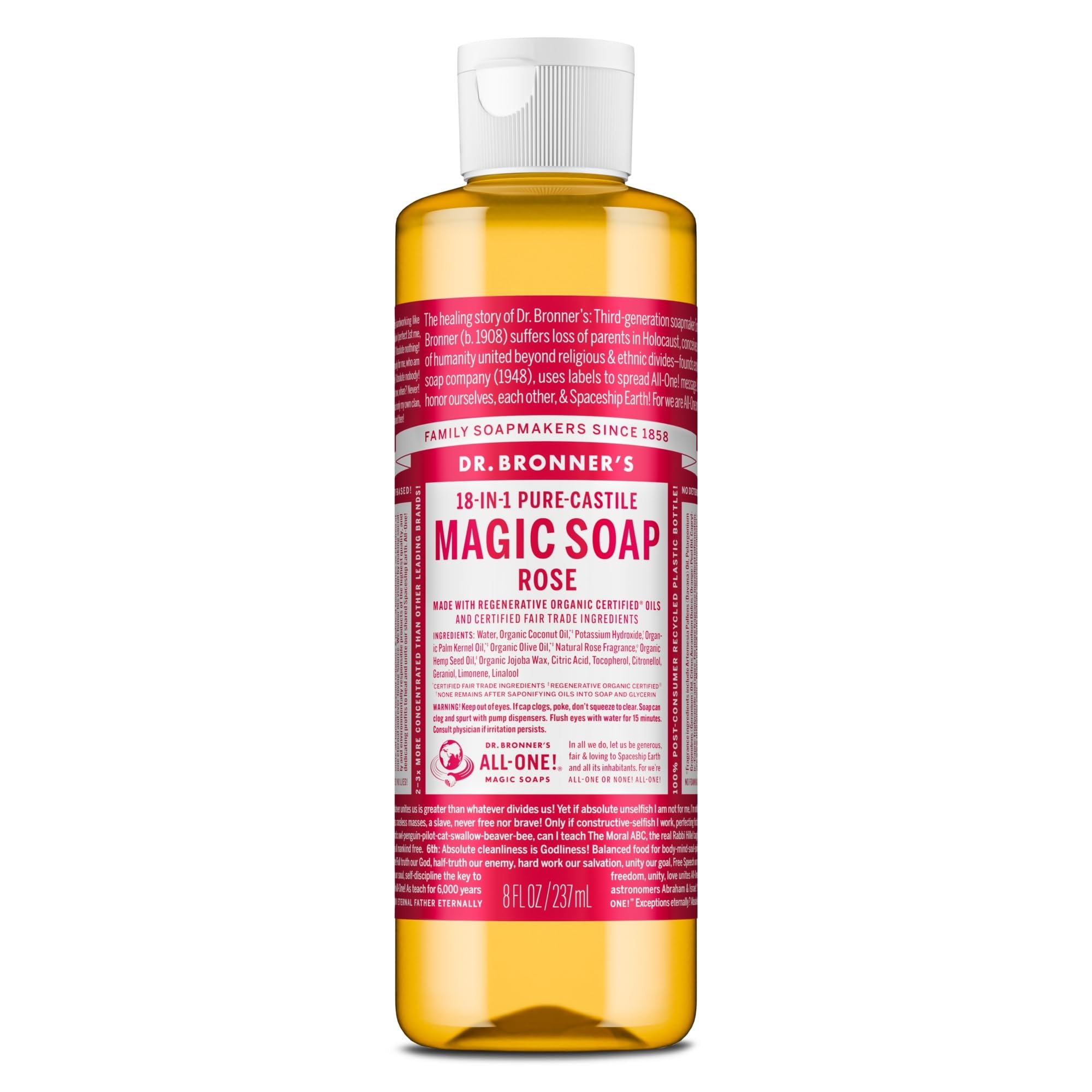 Dr. Bronnerââ‚¬â„¢s - Pure-Castile Liquid Soap (Rose) - Made with Organic Oils, 18-in-1 Uses: Face, Body, Hair, Laundry, Pets & Dishes, Concentrated, Vegan, Non-GMO (8 Fl Oz)