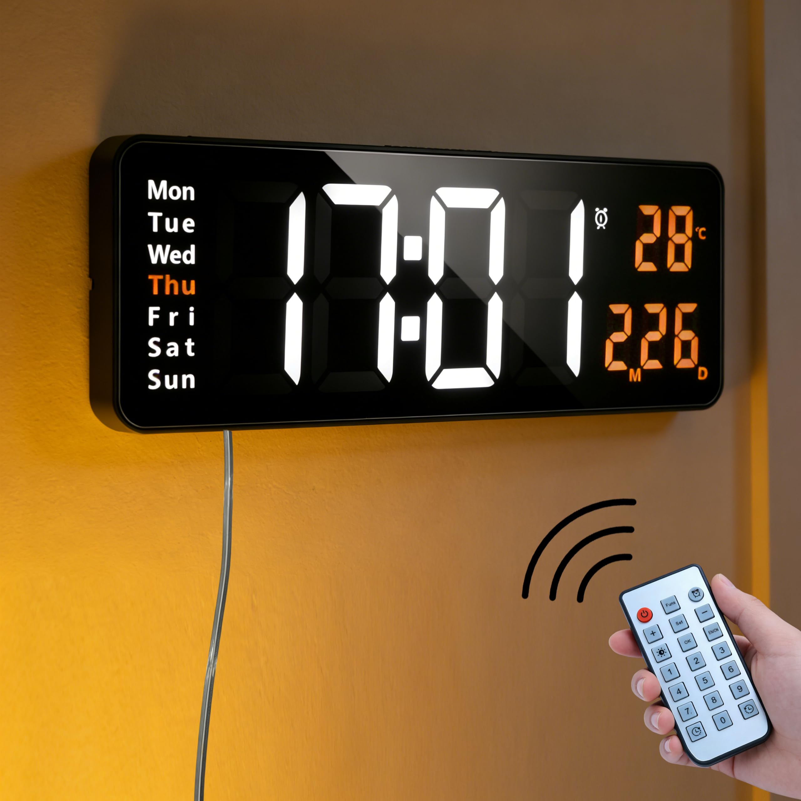 KAFUX 16" Large Digital Wall Clock, Orange Temperature Display, 10-Level Auto/Manual Dimming, 2 Alarms, Countdown/Countup Timer, Remote Control, 12/24H, LED Wall Clock for Living Room, Bedroom, Office