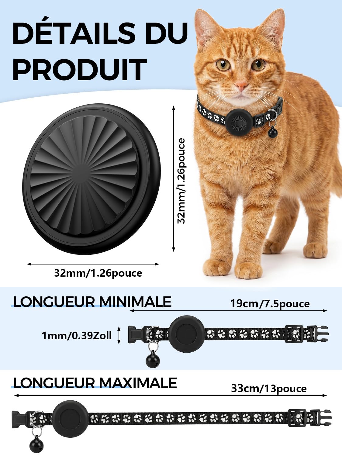 Traceur GPS Chat, Collier GPS Chat GPS Chien Compatible iOS et Android, Aucun Frais Mensuel, Suivi Mondial en Temps Réel, Étanchéité IP67, Historique des Trajets sur 7 Jours, Convient aux Chats Chiens