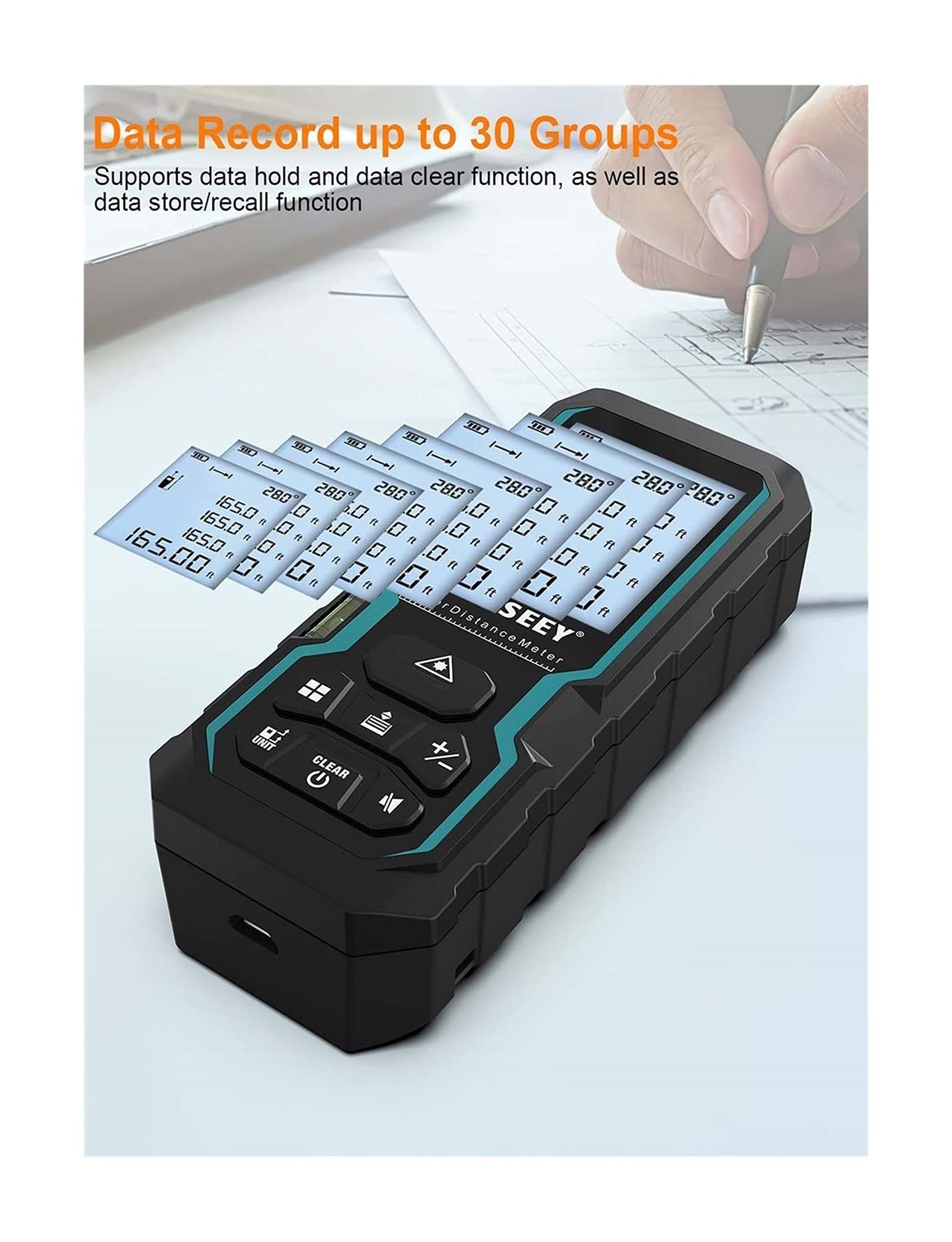 Compteur de distance sensible à la lumière 100m Mesurer la lumière étanche avec capteur d'angle électronique Mesure portable avec niveau de bulle avec écran LCD 4 lignes pour la zone de mesure Volume