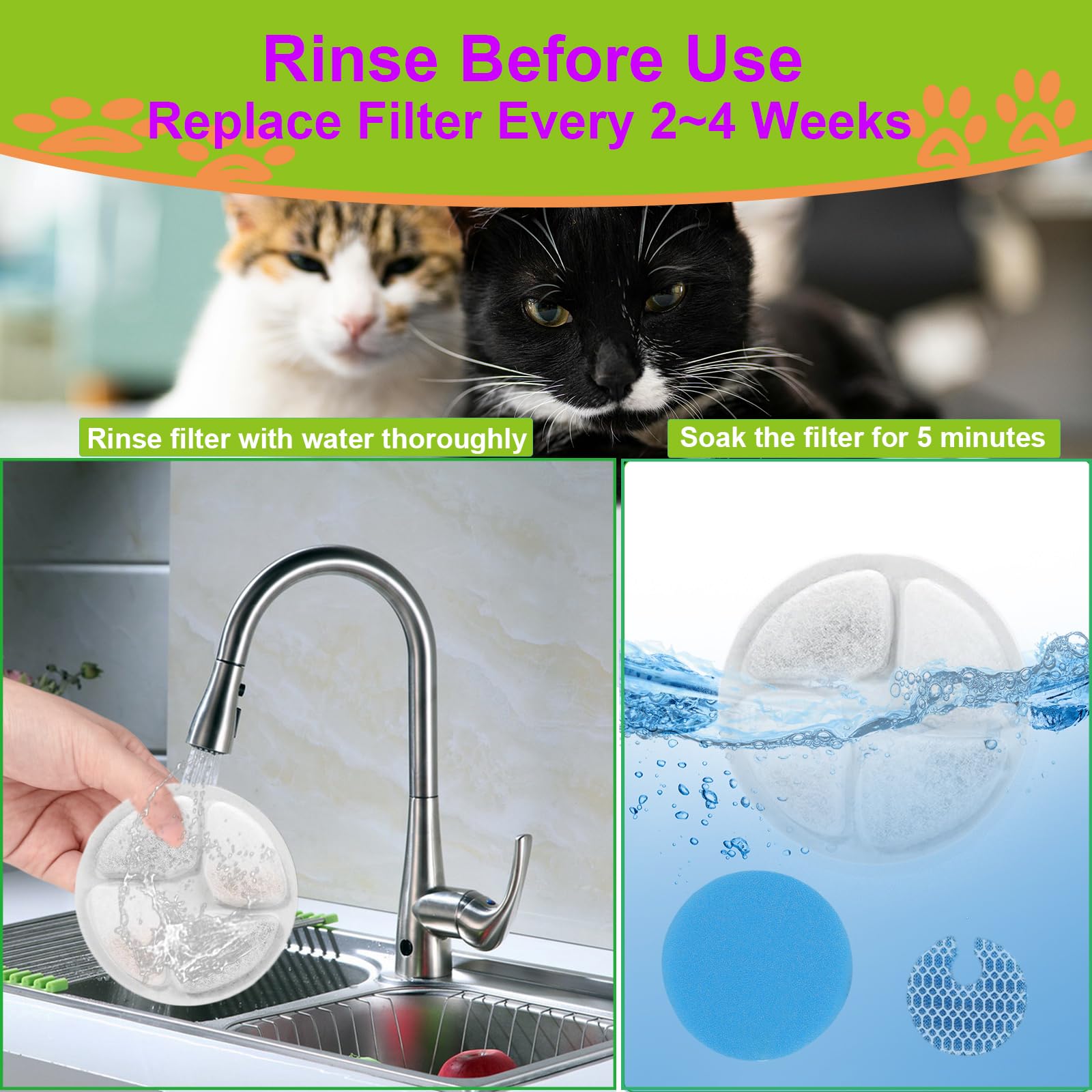 Cat Water Fountain Filter,Cat Fountain Filters Replacement for Round 2L/67oz Stainless Steel Pet Water Fountain,5 Pack Pet Fountain Filter Replacement - image 6