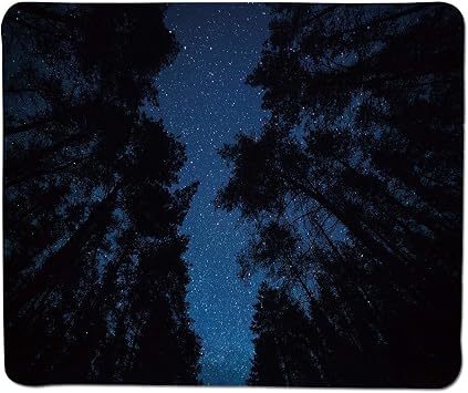 Mouse Pad Night Sky, Mountain Forest Dawn with Pine Trees Dark Nebula Photo Decorative, Dark Blue and Black Stitching Edges