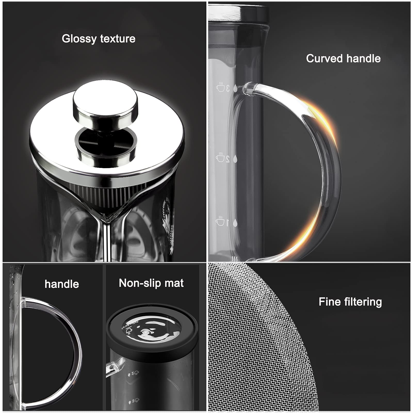 Cafetera Émbolo,French Press De Acero Inoxidable 304 Con Pantalla De 3 Filtros,Jarra De Vidrio De Borosilicato Resistente Al Calor Cafetera De Piston,Ideal Para Preparar Su Taza De Café O Té Favorita