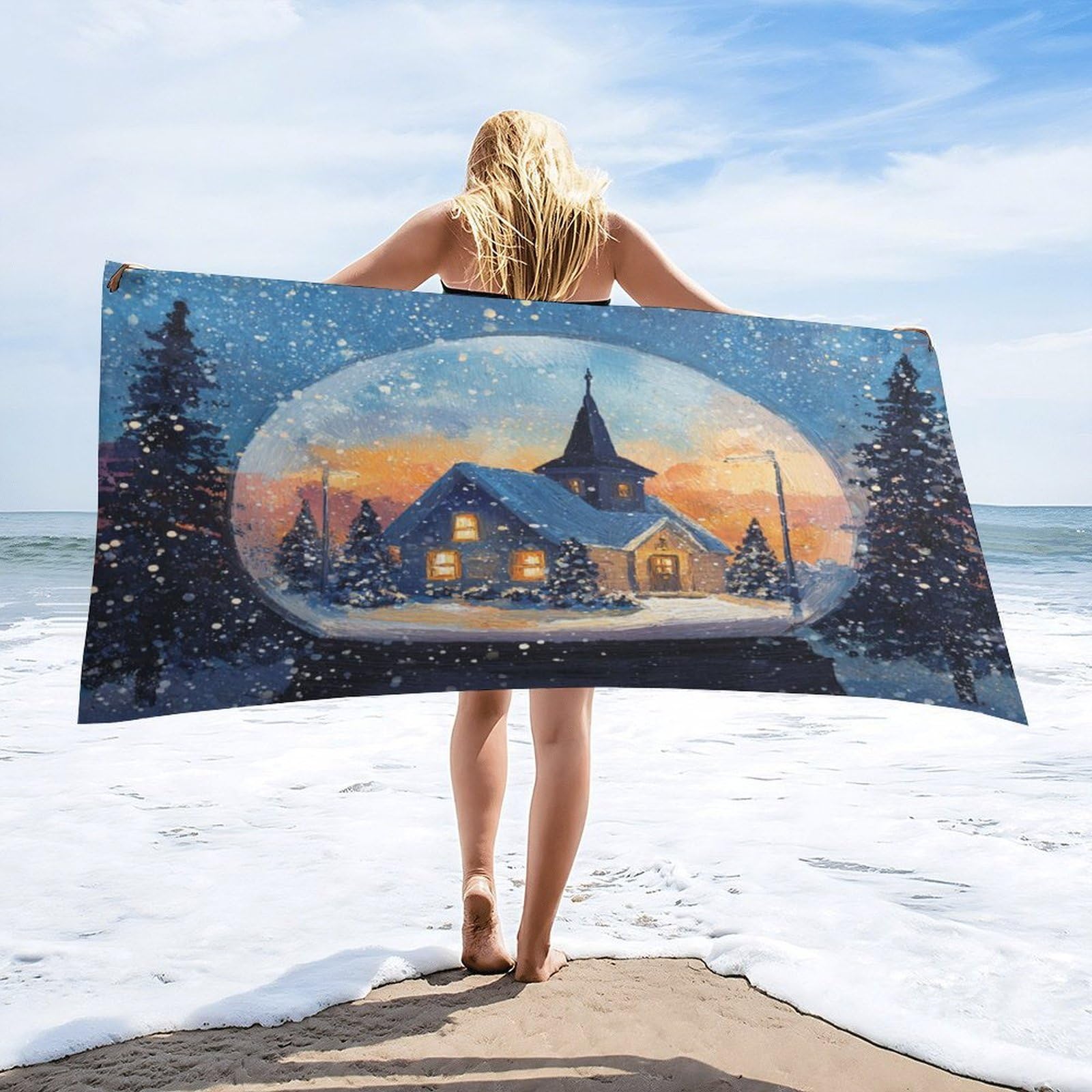Luyysky Beautiful Colorful Log Cabin Quick-Drying Beach Towel, Classic Realistic Winter Landscape Snowflake Pine Trees Travel Vacation Single Sided Pile Bathroom Towels-80 W Cm X 160" L Cm