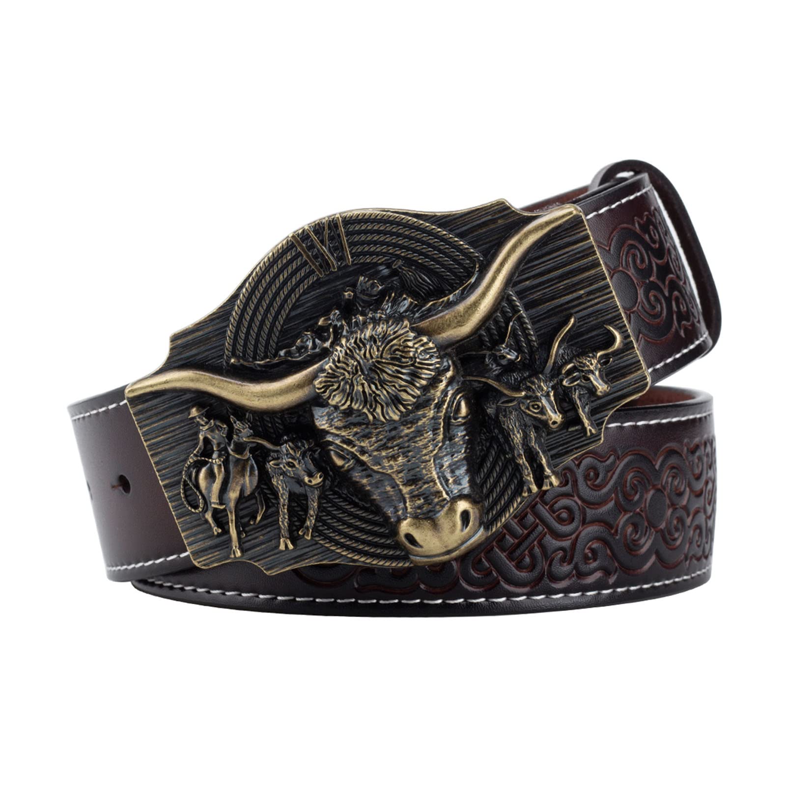 BDAYEK Men's Belt Men's Belt Western Cowboy Vintage Longhorn Rodeo Black 105Cm 41.3'