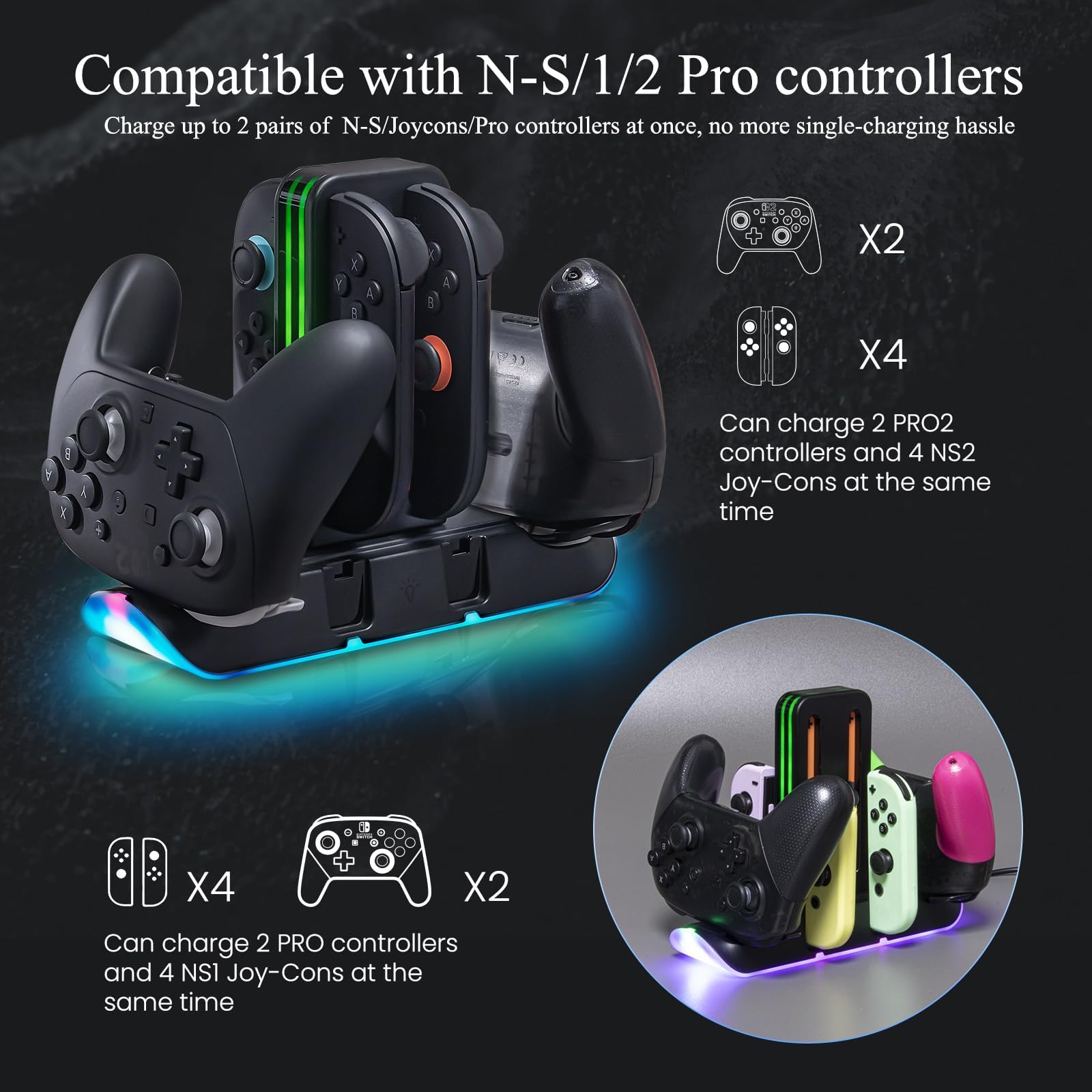 Switch 2 Controller Charger Dock – Charge 4 Joy-Cons & 2 Pro Controllers – Fast Charging RGB Station with LED Indicators & Touch Control – Compatible with Nintendo Switch 2/1/OLED - 2