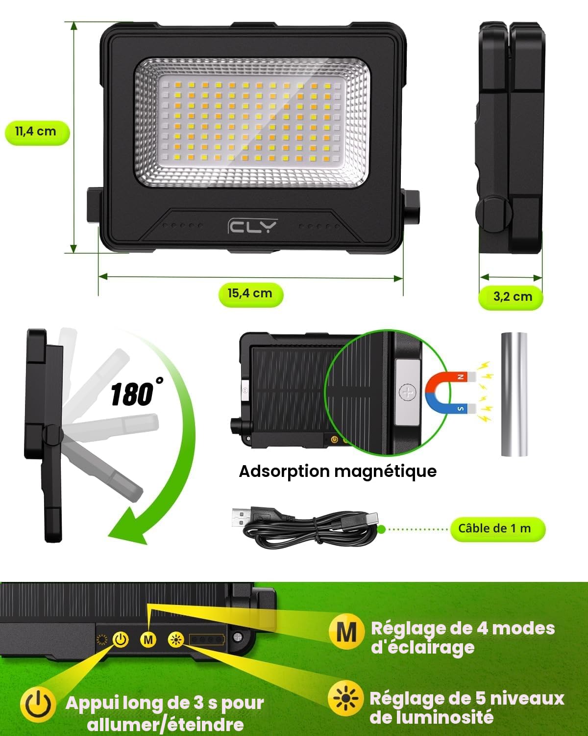 CLV Projecteur LED Rechargeable USB 60W 12000MAH Projecteur Chantier Portable Magnétique 4 modes d'éclairage et 5 niveaux de luminosité Batterie externe d'urgence avec Panneau Solaire pour Camping