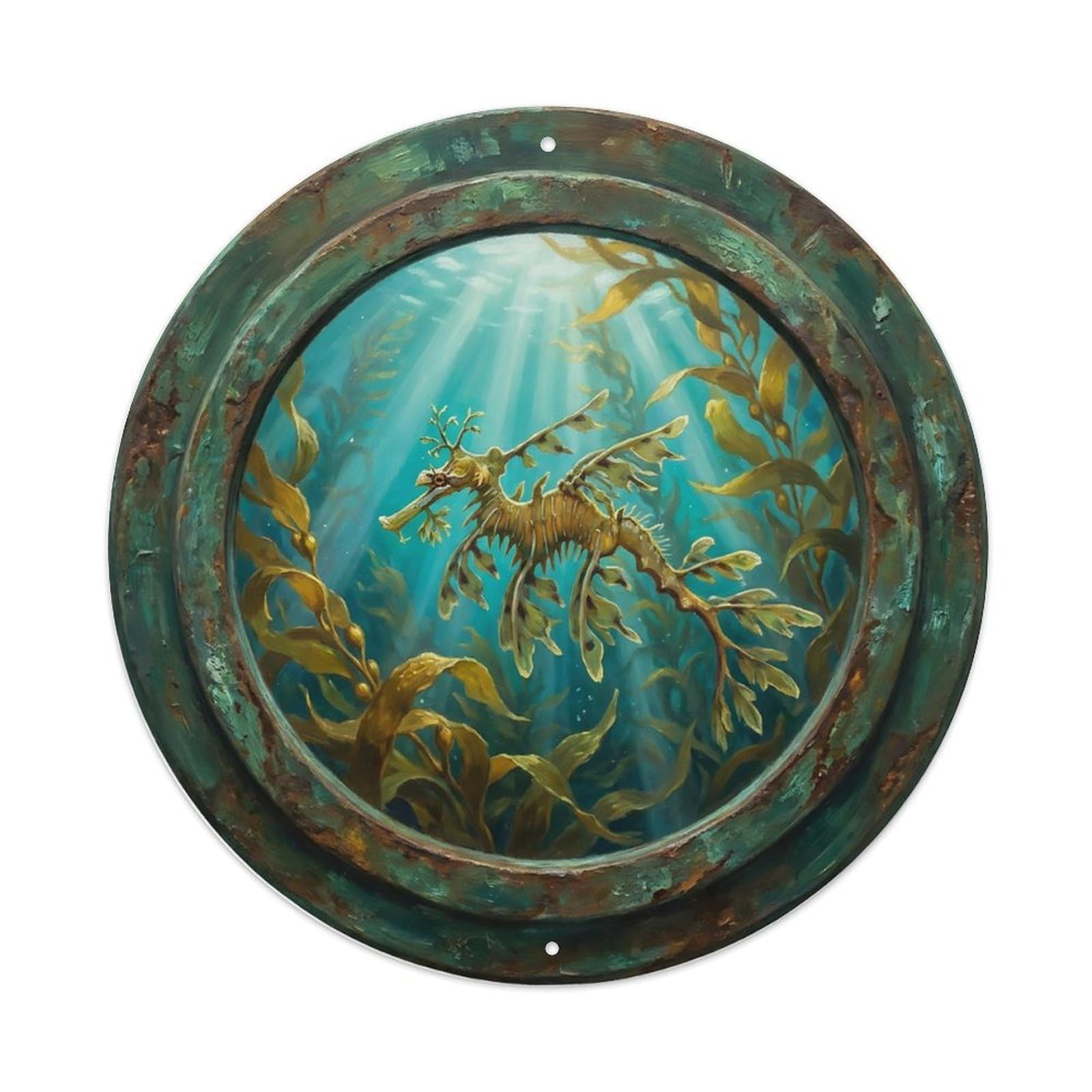 Vintage Porthole Leafy Seadragon Camouflaged Ship Window Undersea Deep Sea Metal Tin Sign