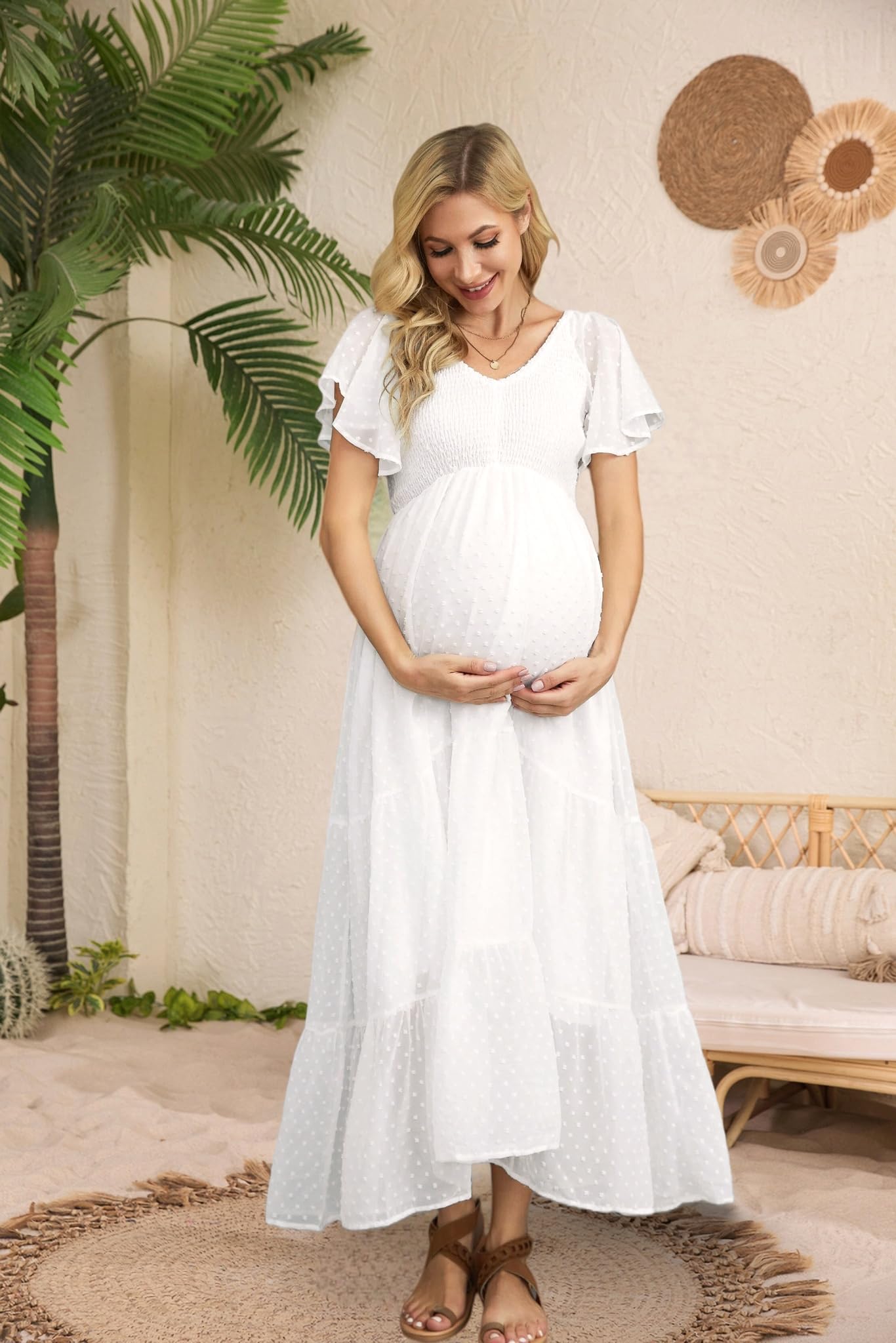 Vestido de maternidad con lunares suizos para baby shower, sesión de fotos, informal, cuello de pico, manga con volantes, cintura imperio, vestido bohemio escalonado