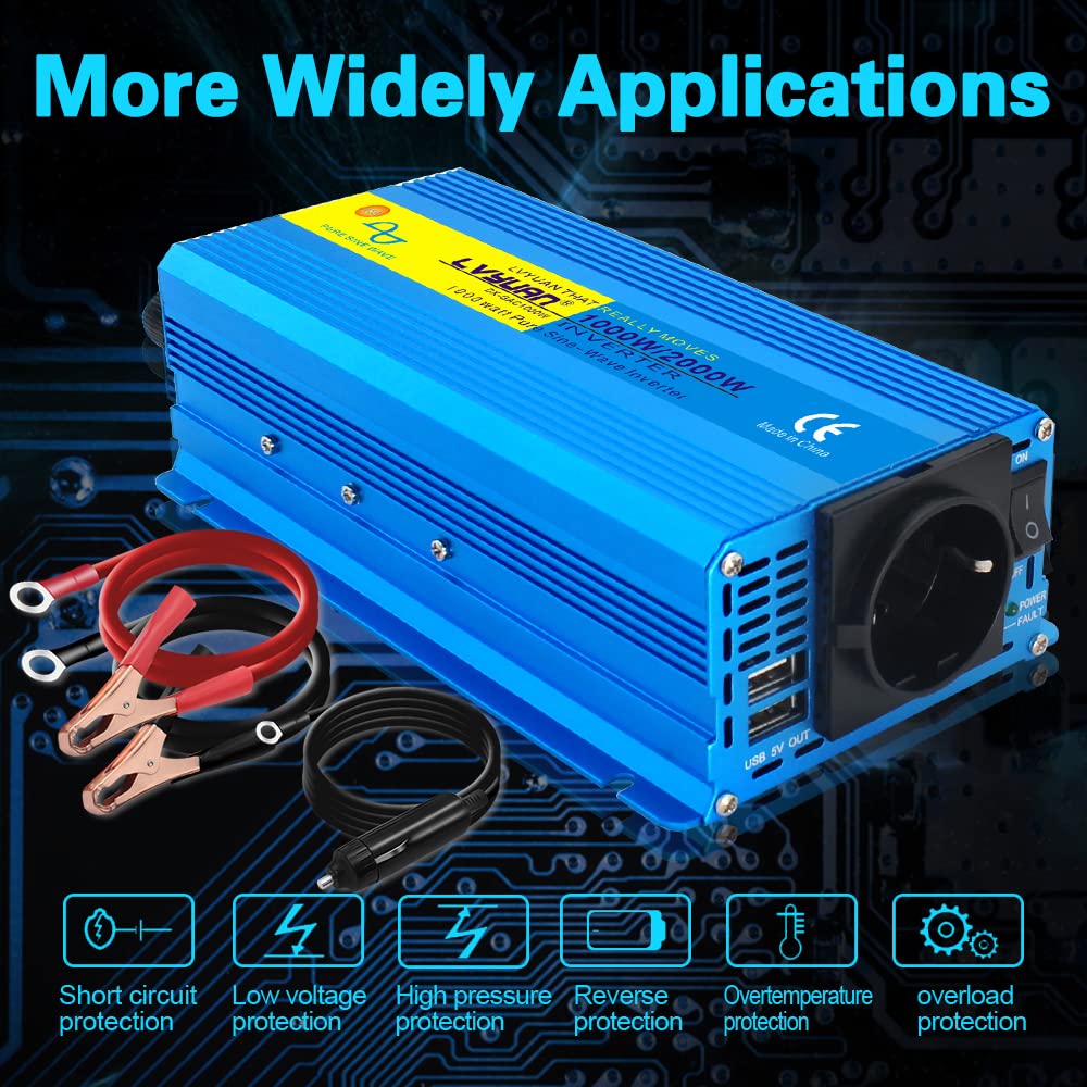 Cantonape 1000W KFZ Reiner Sinus Spannungswandler-Auto Wechselrichter 24v auf 230v Umwandler-Inverter Konverter mit 1 EU Steckdose und 2 USB-Port - Spitzenleistung 2000 Watt