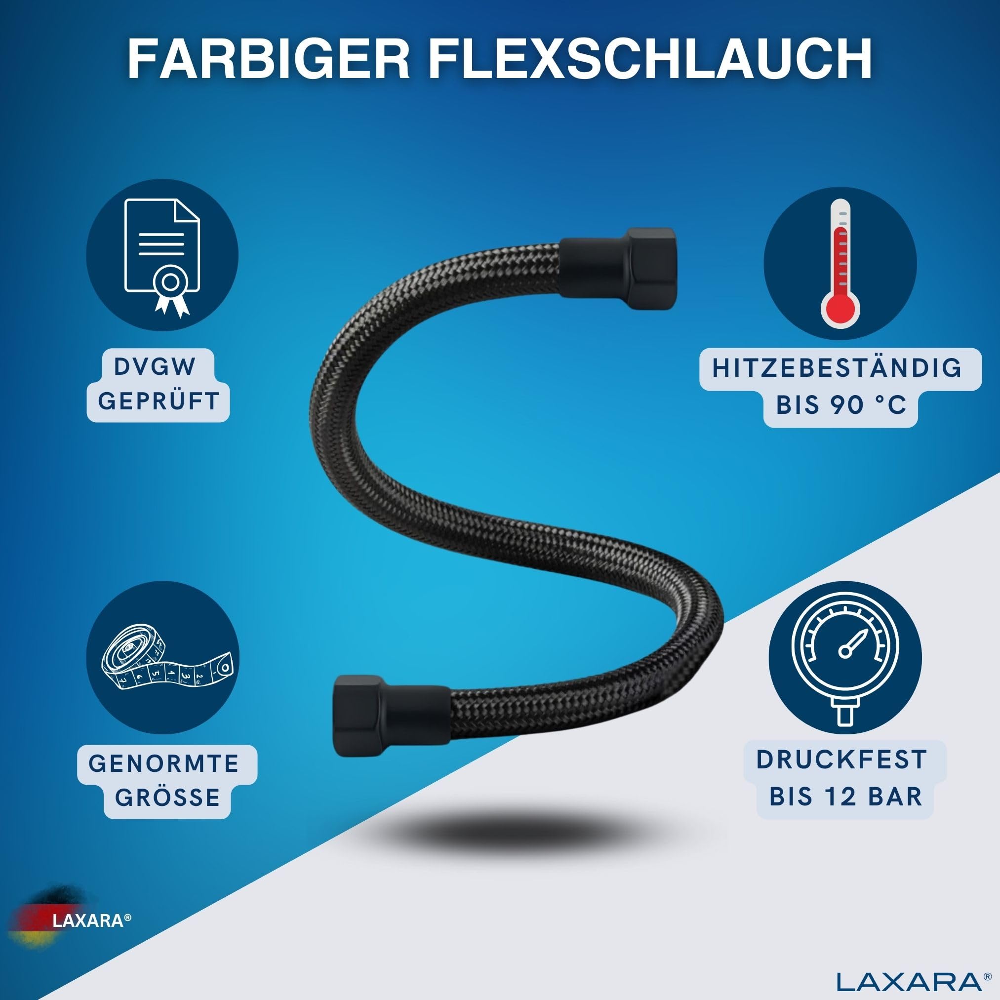 LAXARA DVGW Premium Coloured Flex Hose Black and White 3/8 Inch to 1/2 Inch Outer Diameter on Both Sides in Selectable Styles (1/2 Inch Black - Image 2