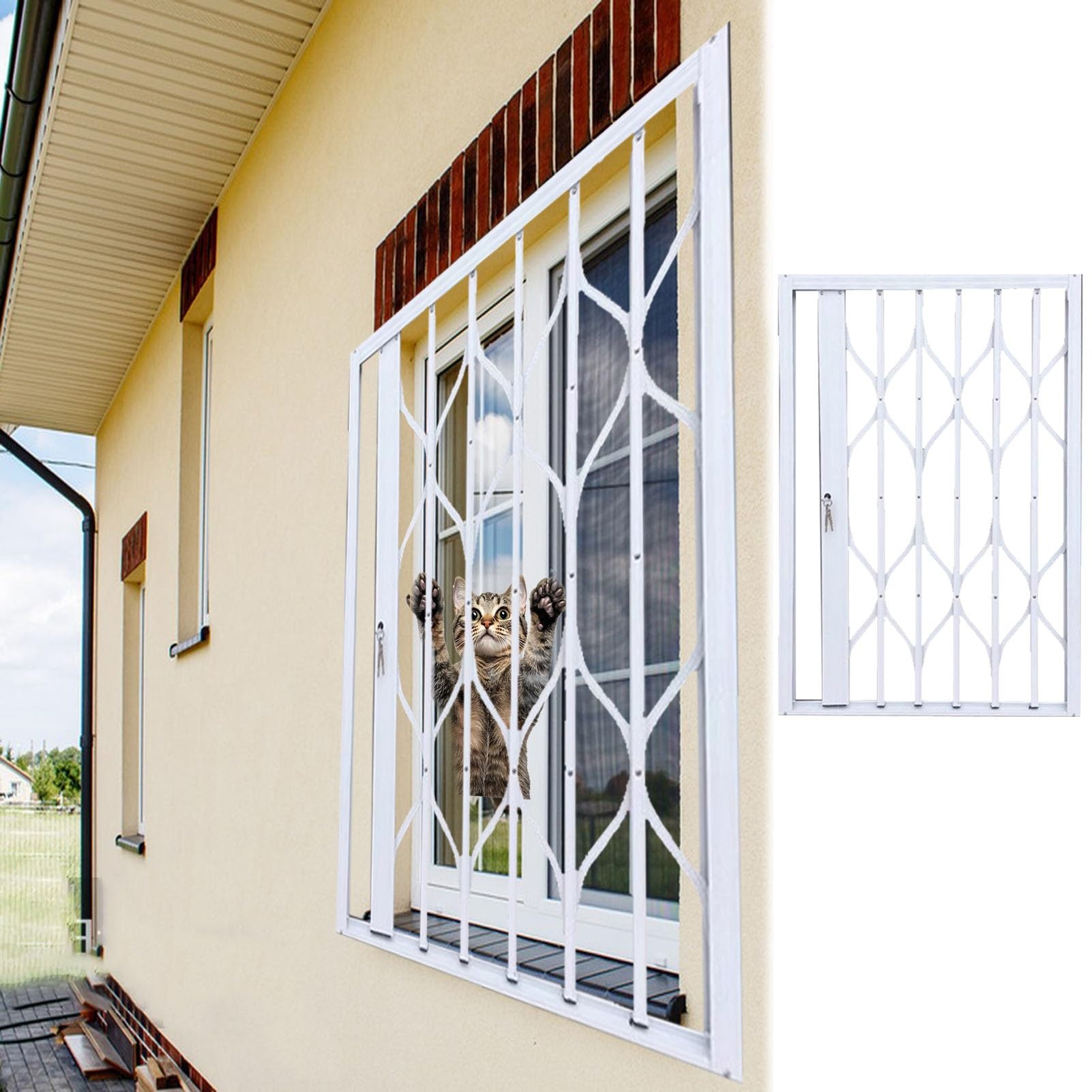 Adjustable White Folding Sliding Window Security Gate for Cats/Dogs - Lockable Aluminum Alloy Safety Net Fence Outdoor Use (90cm x 170cm / 35.4 x 66.9 inches)