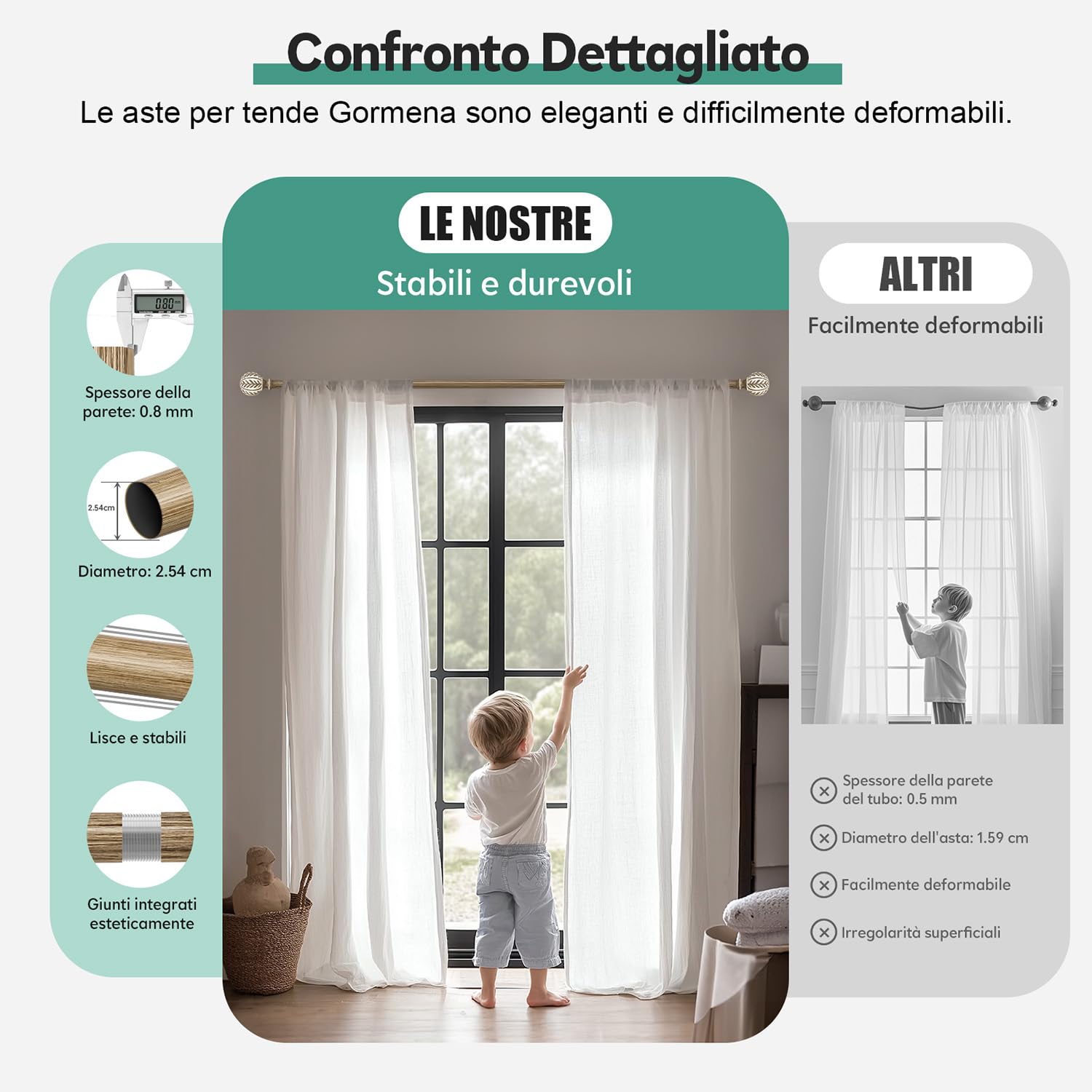 Bastone Tenda Effetto Legno Chiaro Asta Metallica Estensibile 80-218 cm Diametro 25 mm Alta Portanza Parete
