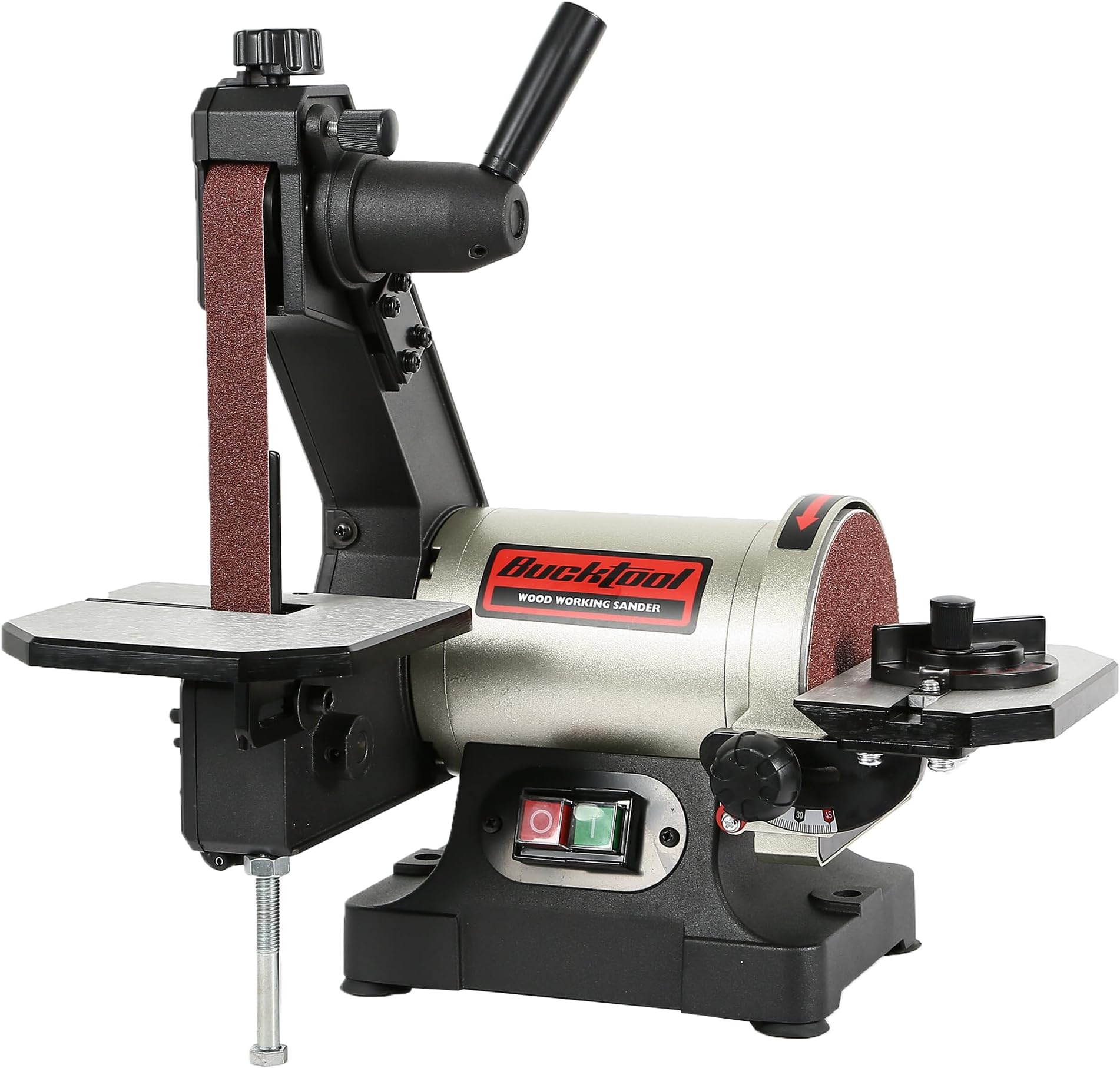 BUCKTOOL 250W Bench Belt Sander 25.4x762mm Belt and 125mm Disc Wrench Storage and Easy Belt Cover Off Direct Drive Benchtop Belt Disc Sander for Woodworking