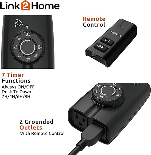 Miniatura 3 de Link2Home Control remoto inalámbrico resistente a la intemperie para exteriores, doble tomacorrientes, temporizador de 24 horas del atardecer al