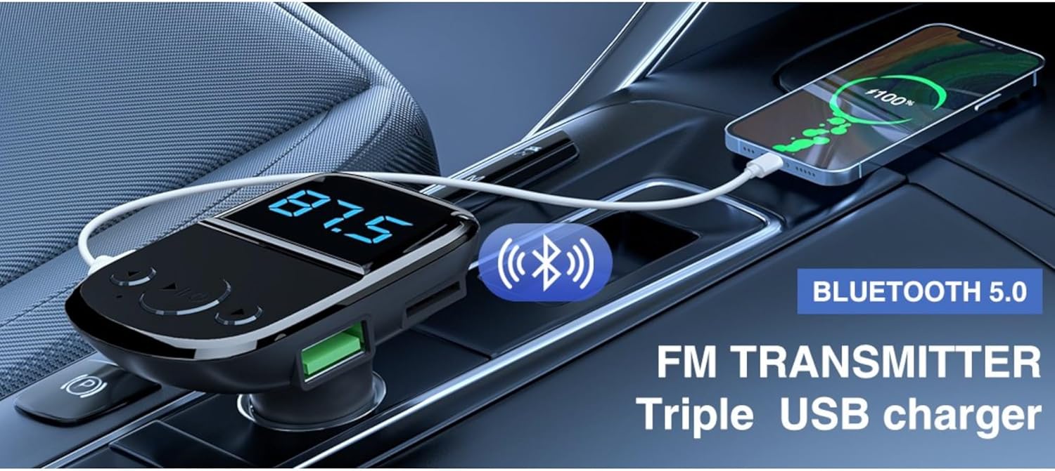 LDNIO C706Q in car with Bluetooth 5.0 and Triple USB charger text