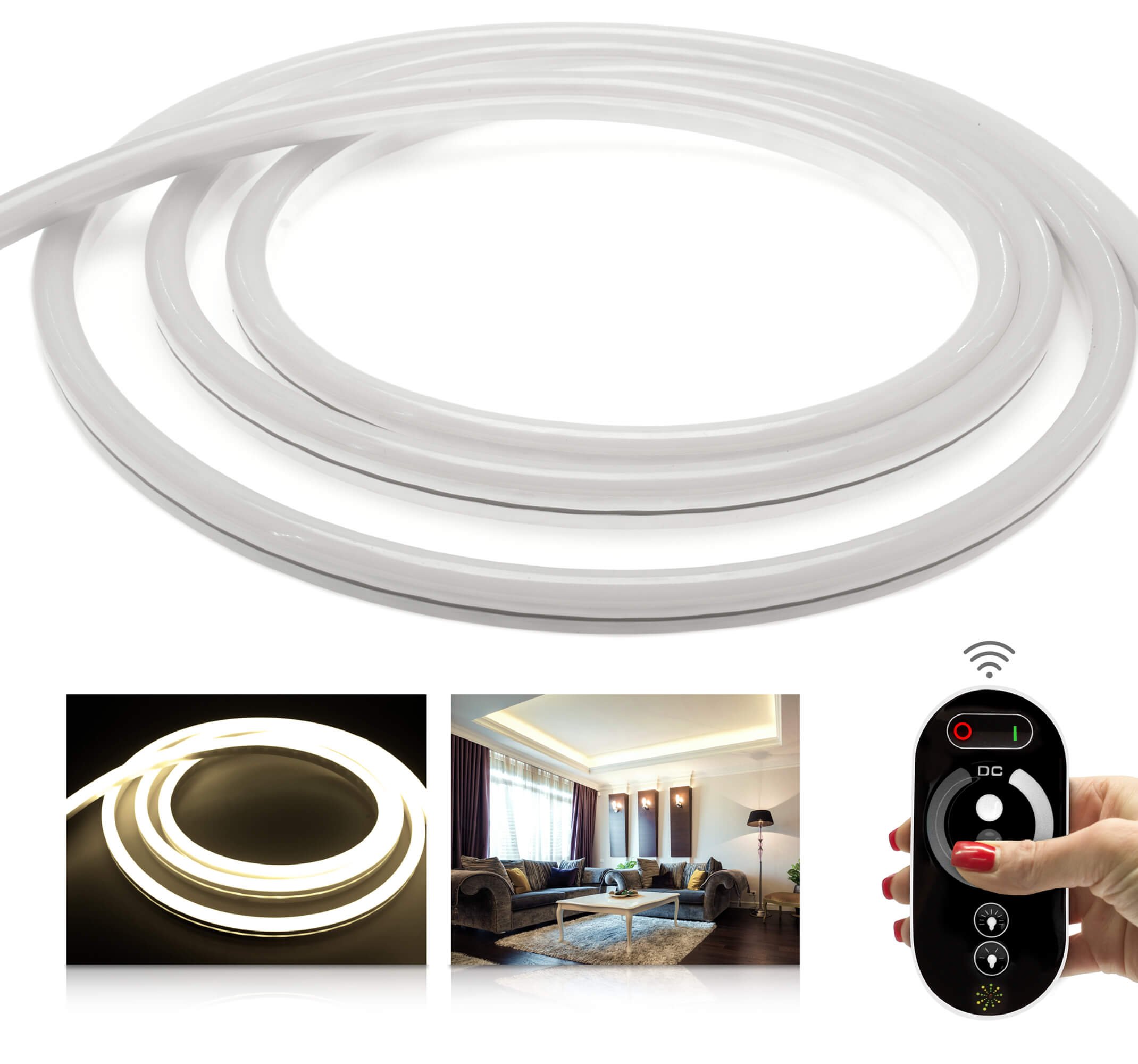 LED Universum Premium Tiras de Neon Flex, juego de radio, 6m, 24V, blanco neutral, IP68, incluyendo mando a distancia de radio, controlador y fuente de alimentación