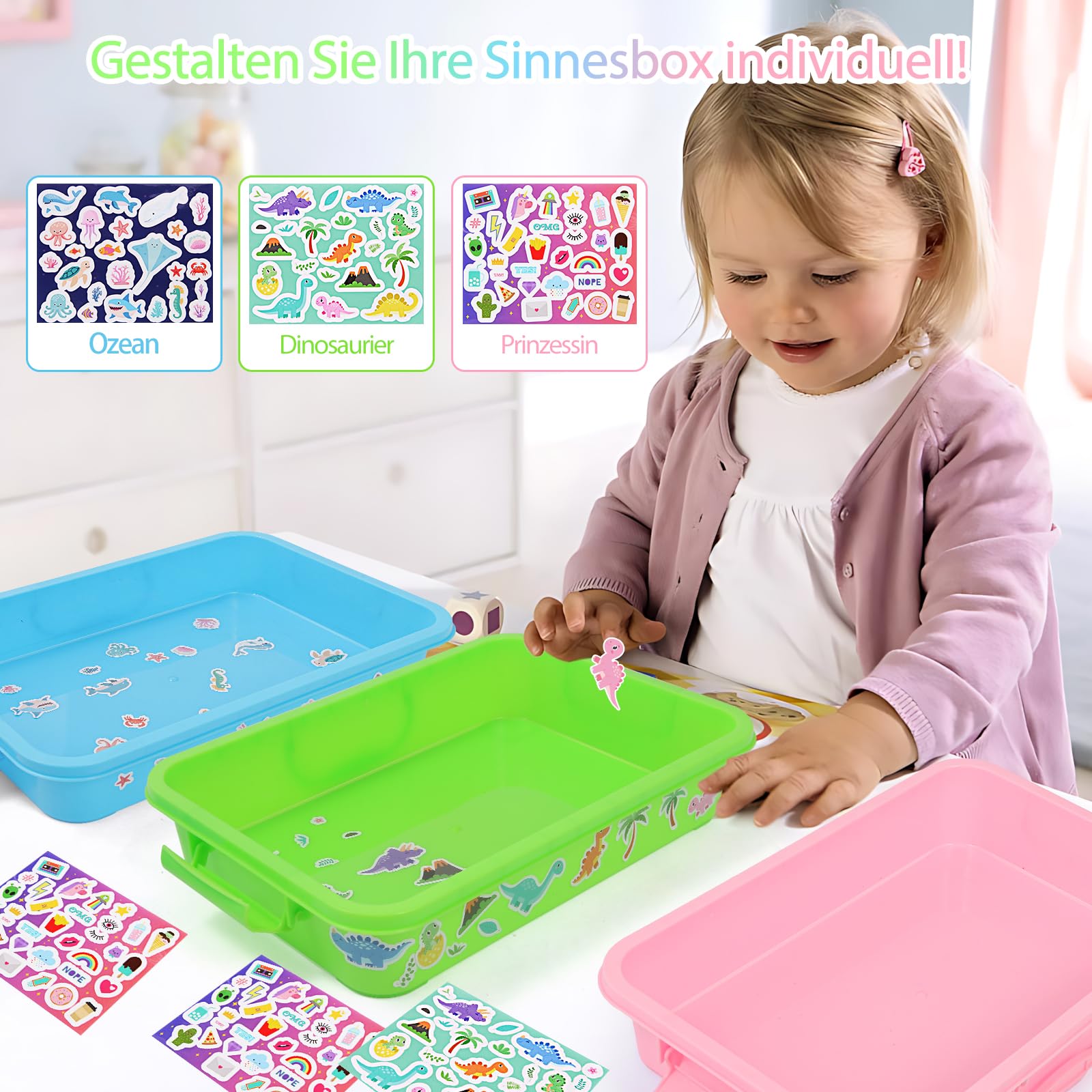 FIIOEOY 3 Stück Sandkasten mit Deckel & Aufklebern für Kinder, Sensorik Wanne Box Sandtablett Sensory Bin Kunststoff-Tablett Aufbewahrungsbox für Spielzeug, Sand und mehr (Blau, Grün, Rosa)