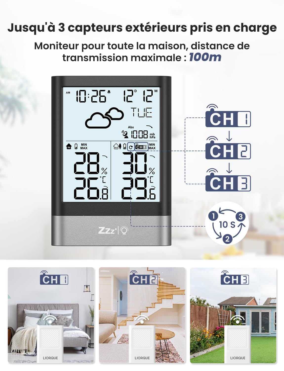 LIORQUE Station Météo Sans Fil Avec RCC, Thermomètre Hygromètre Baromètre Intérieure Extérieure Température Prévisions Météorologiques, LCD Ecran Rétro éclairage Horloge Numérique Alarme Snooze
