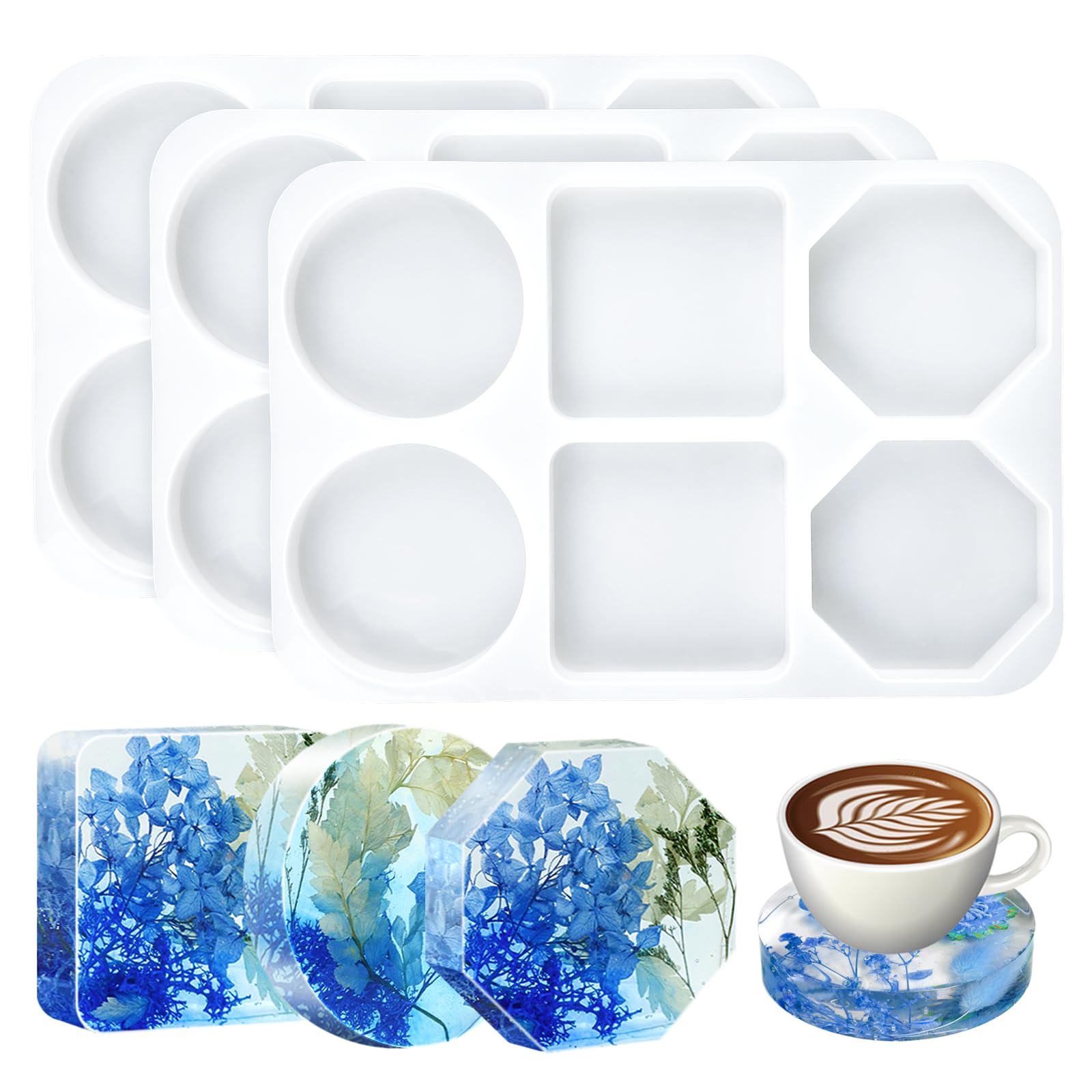 KISREL Coaster Resin Molds, 3 Pcs Large 6 Cavity Silicone Molds, Deep Coaster Molds for Epoxy Resin, Epoxy Resin Molds for Epoxy Resin Crafts, Coasters, DIY Crafts, Clear