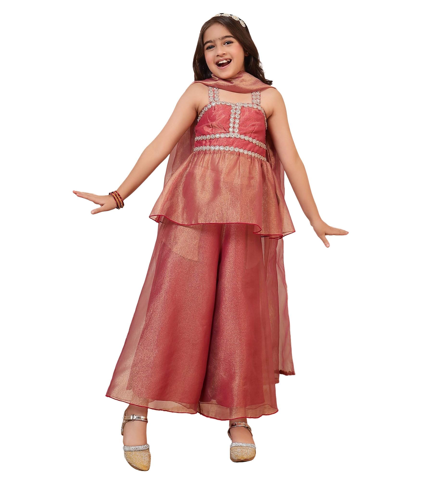 Bugandbees Shimmer Solid Tissue Top & Palazzos With Dupatta|Sweetheart Neck Fusion Wear Fit & Flare Co-Ord Set for 3 Years to 13 Years Kids|Festive Casual Wear Collection (BBCO00000363_3-4Y_Peach)