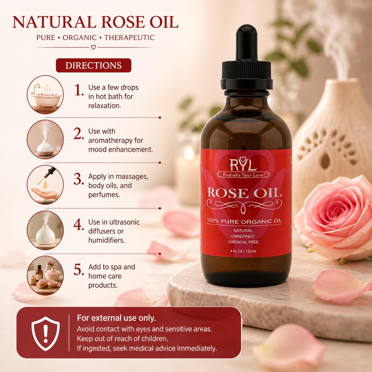 Aceite esencial de rosa 100% puro de grado terapéutico orgánico para aromaterapia, relajación, terapia de la piel, perfumes y difusores