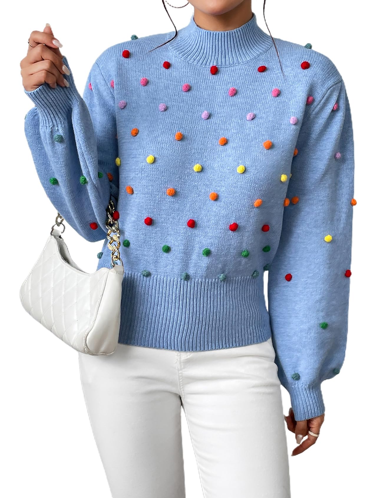 CXINS Women's 2025 Fashion Mock Neck Lantern Sleeve Rainbow Colorful Pom Pom Sweater Pullover Elegant Knit Jumper Top