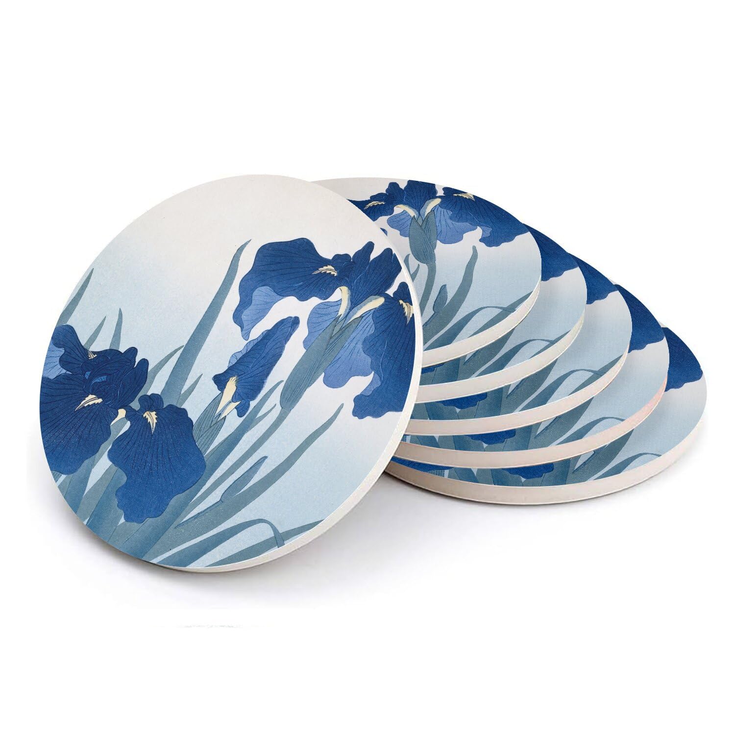 Sous-verre ronds en céramique bleu iris 108mm protection table motif traditionnel japonais