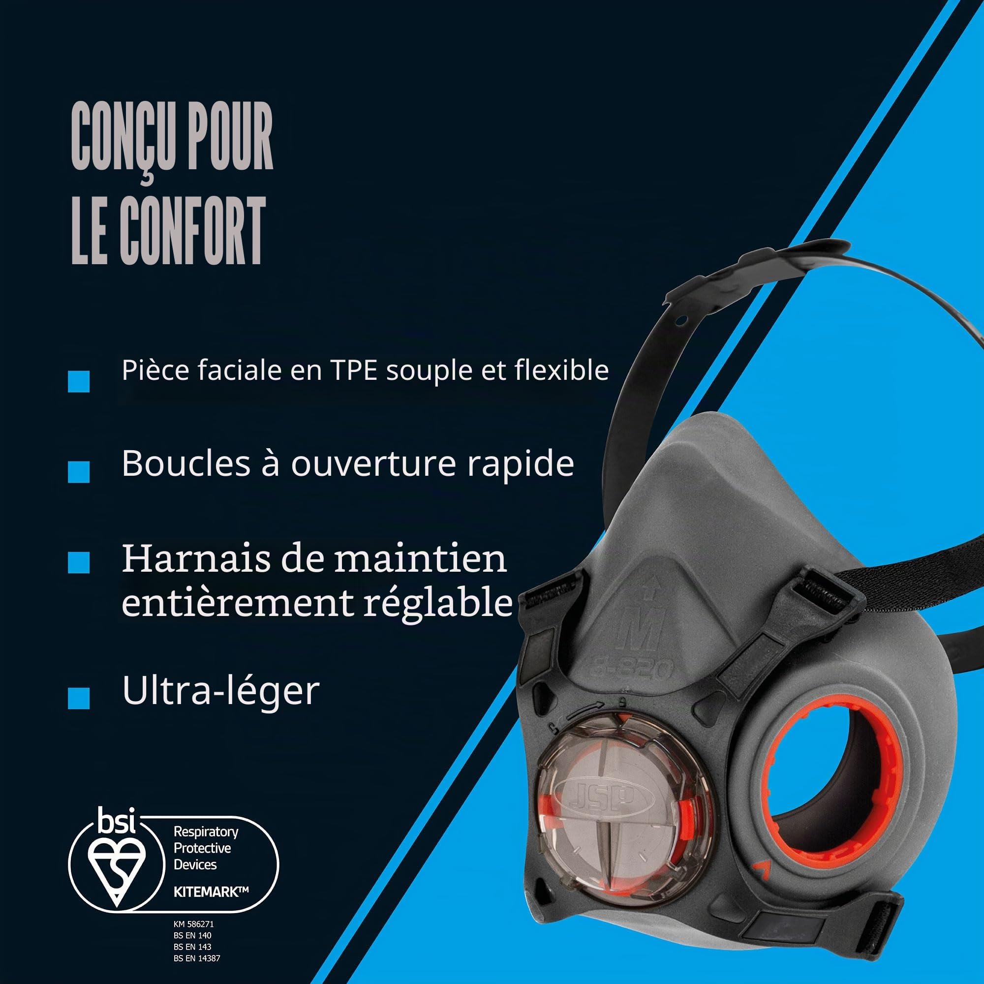 JSP FORCE 8 Masque Respiratoire Filtres P3 PressToCheck™ - Réutilisable - Protection Poussières Fines, Quartz, Bois, Glyphosate, Moisissures, Aérosols - Bricolage, Industrie - EN 140 & EN 143