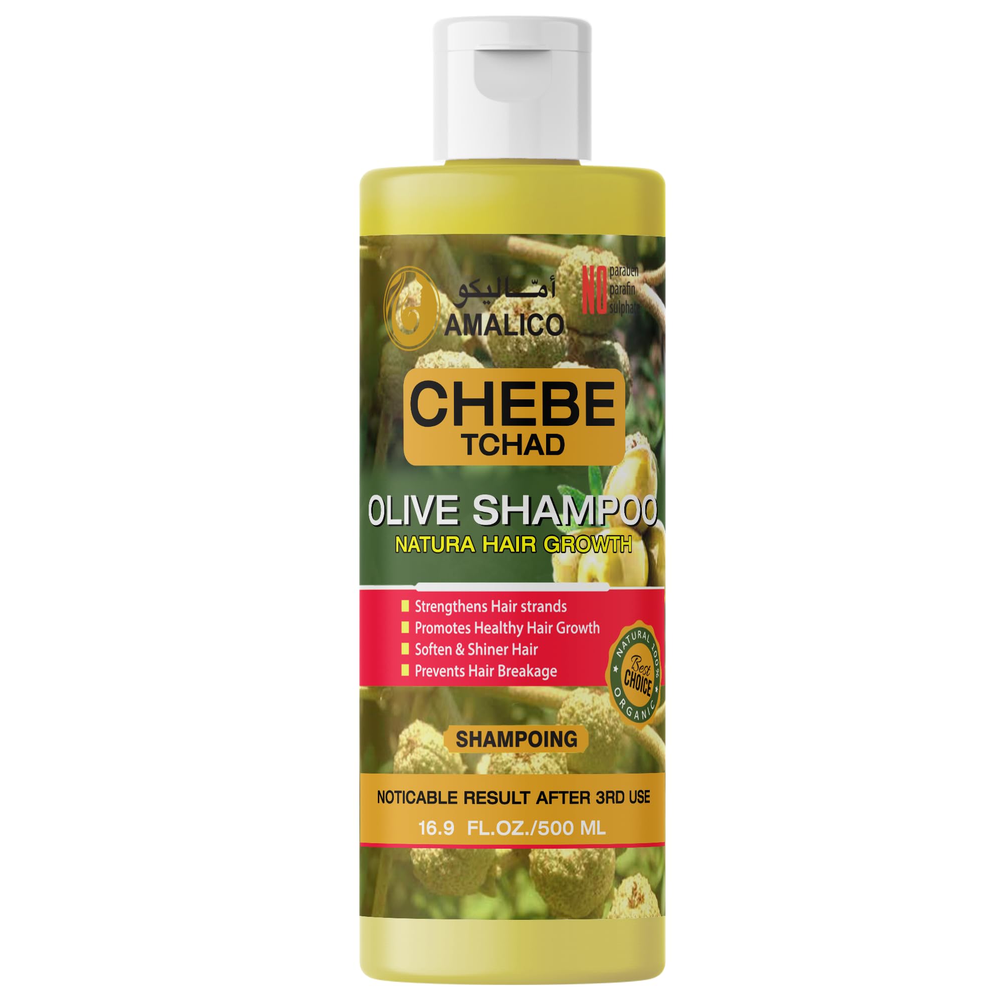 AMALICO Shampoo for Silky Hair Growth With Chebe Powder and Olive Oil - Ready to Use Organic Shampoo for Women and Men Hair - Sulphate Free - 500 ML
