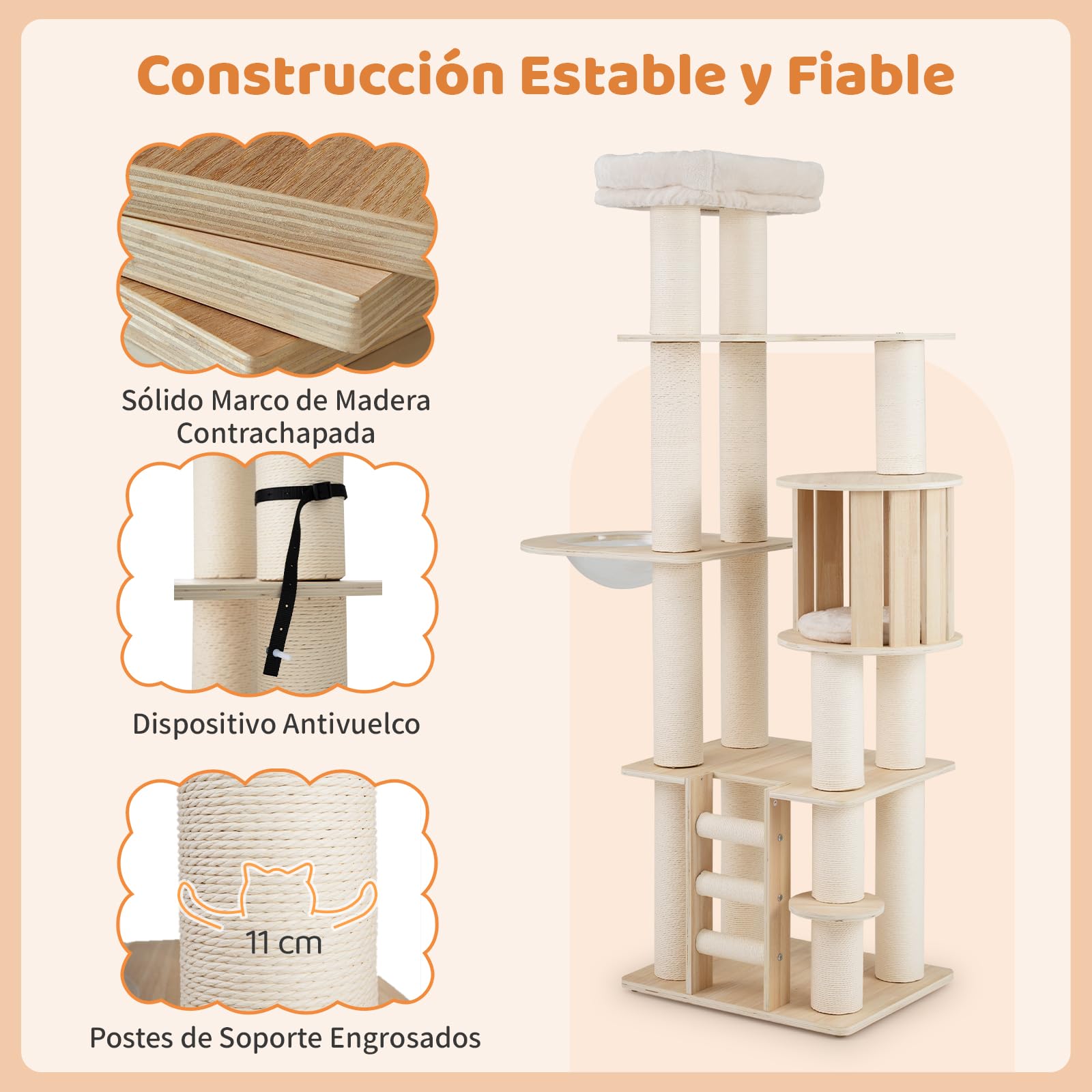 COSTWAY 185 CM Árbol Rascador para Gatos de Madera, Torre Rascador Multinivel para Gatitos Sólida con Condominio, Percha, Postes Rascadores, Escalera, Castillo Gatos de Múltiples Niveles, Natural