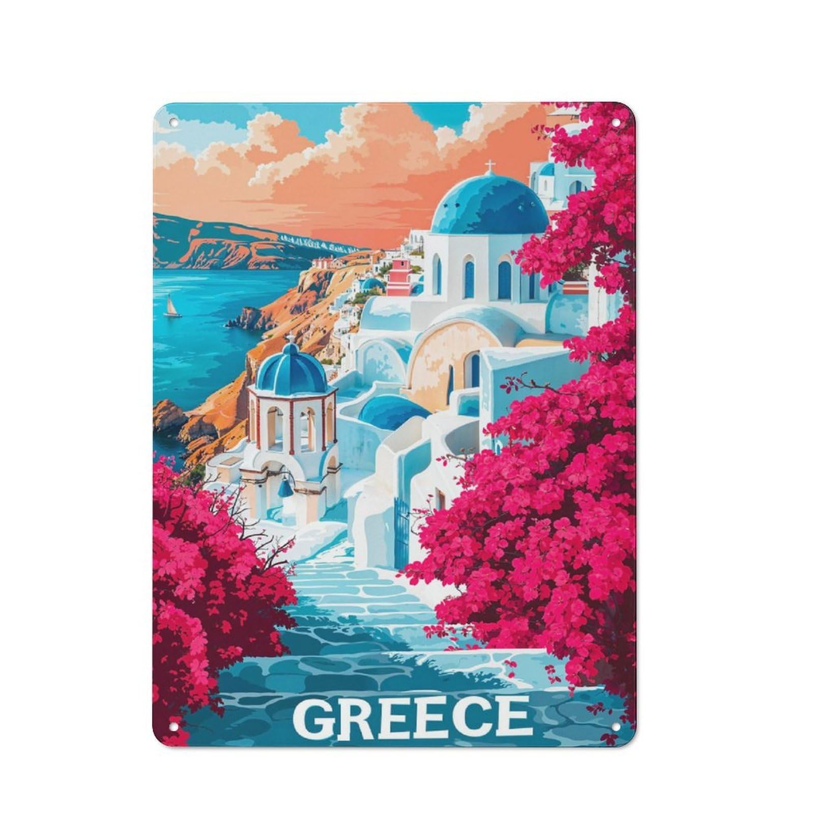 Metal Wall Sign 40x30cm Featuring Greece Travel Poster for Workshop Wall, for Room Styling Across Workshops And Hobby Rooms