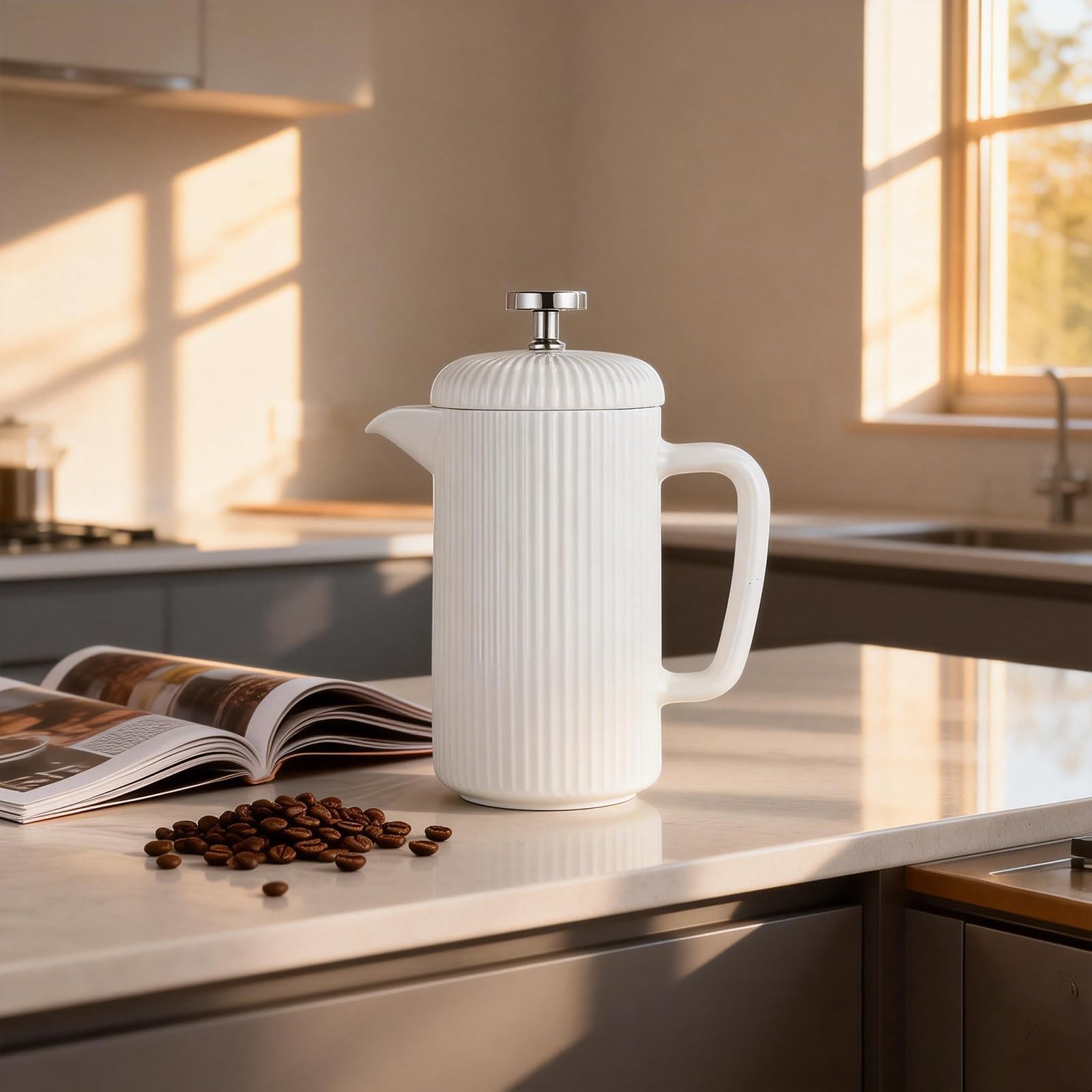 Easyworkz French Press in porcellana da 650 ml, caffettiera con stantuffo in acciaio inossidabile, avorio