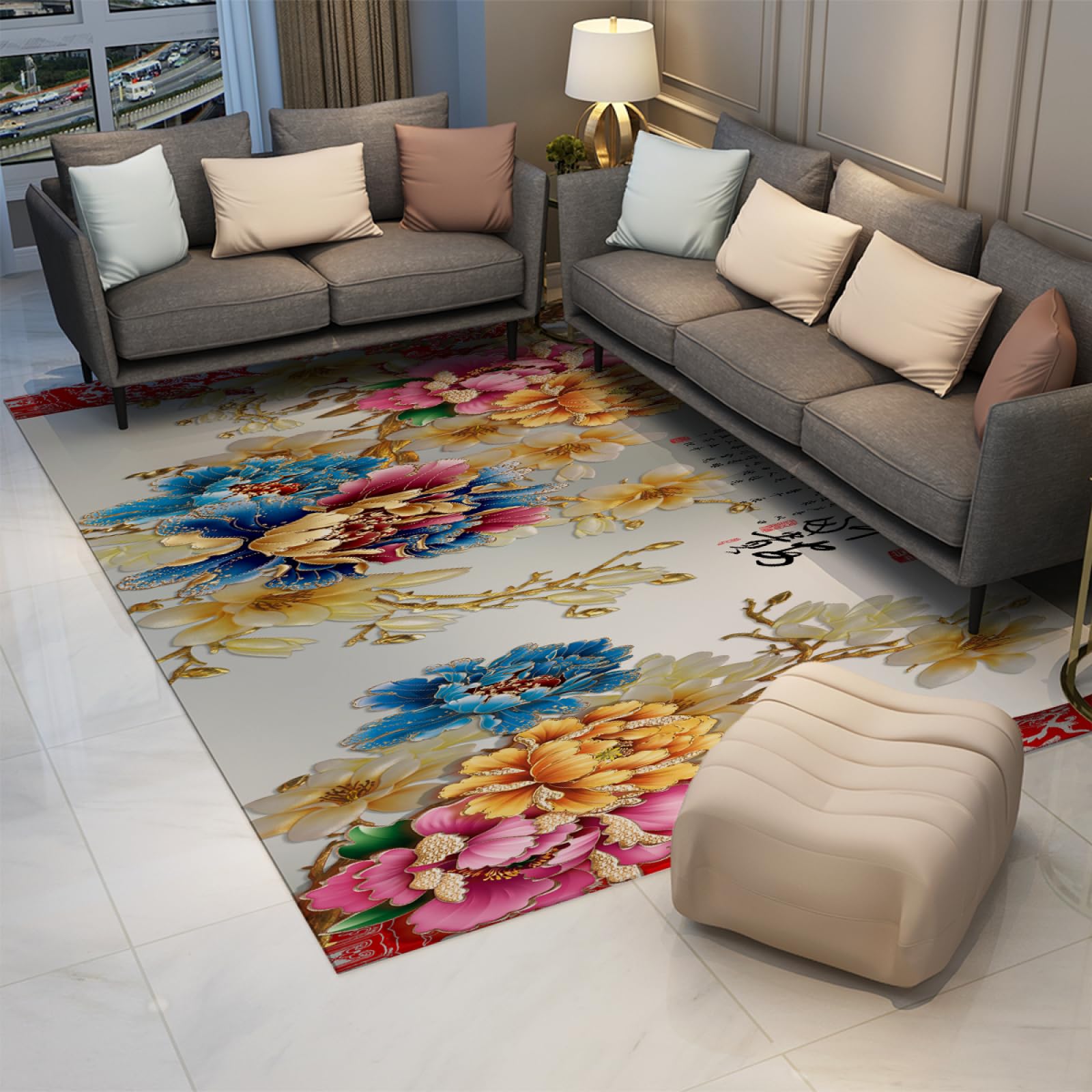 Tapis d’Impression 3D 120x180cm - coloré Riche Pivoine Magnolia Motif Machine Lavable Doux antidérapant à Poils Ras Mince Tapis pour buanderie