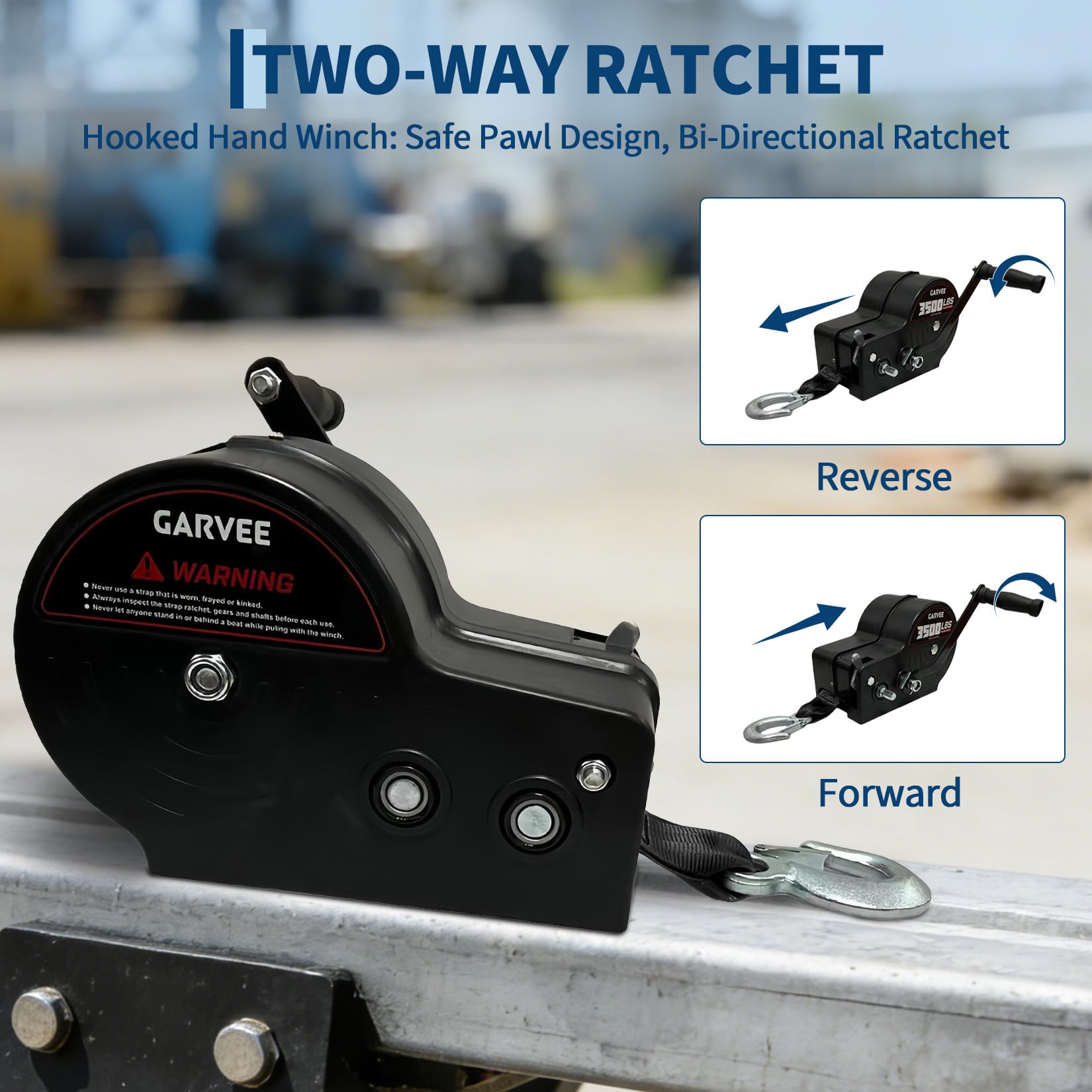 Garvee Treuil Manuel Robuste 3500lbs Pour Remorque Bateau – Sangle 10m, Double Rapport 4:1/8:1, Acier Galvanisé, Pour Remorque, Camion, ATV, Jet Ski – Poignée Standard, Noir