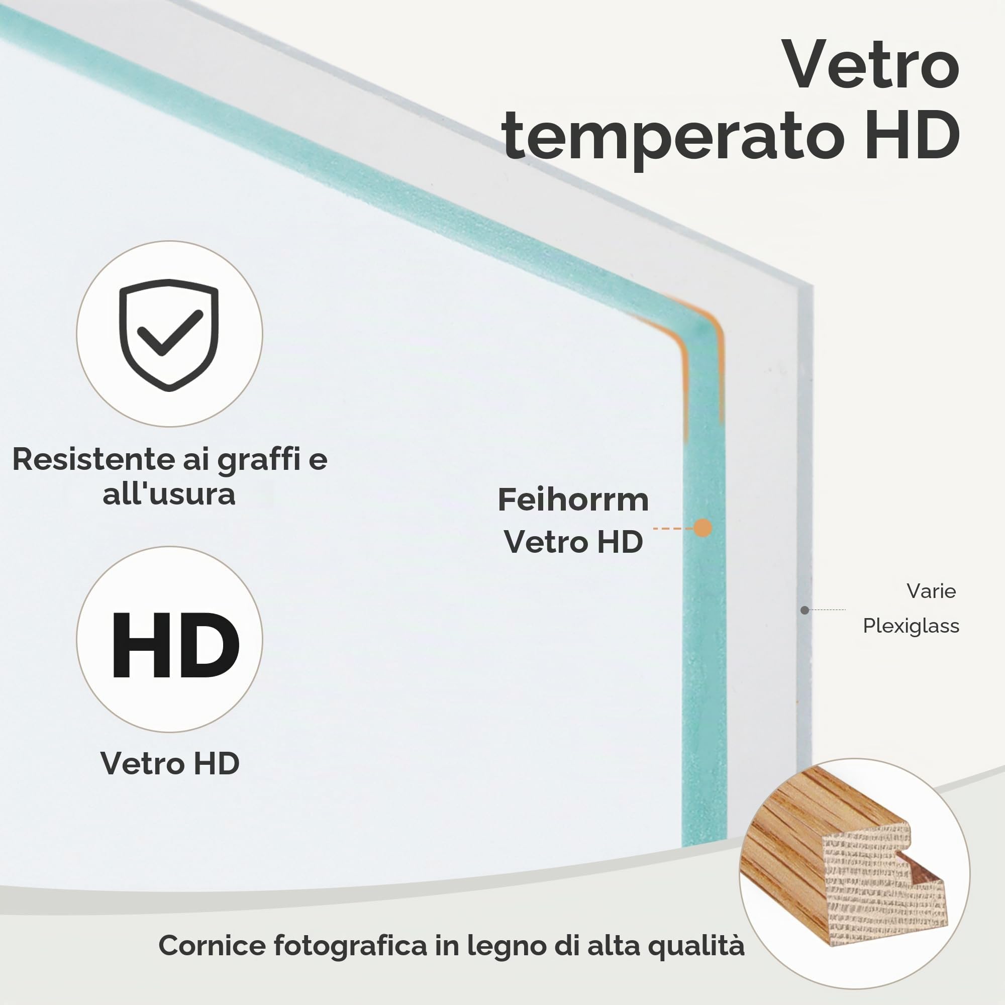 Feihorrm Cornice portafoto in legno massiccio, Cornice per foto A1 in rovere, con vetro temperato, per foto 59,4x84 cm senza passepartout o foto 41x58,4 cm con passepartout (Beige, A1 (59,4x84 cm)/ 1x