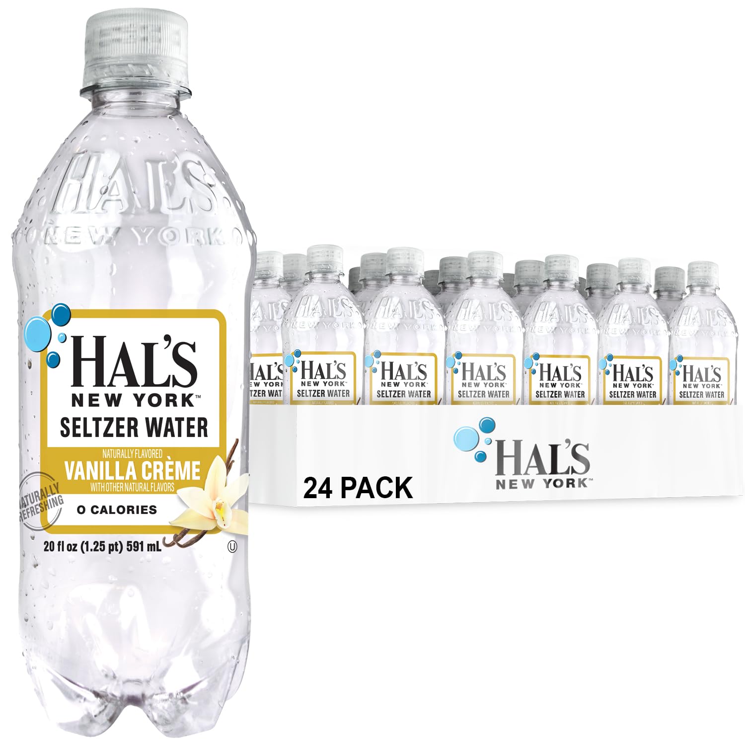 Hal's New York Seltzer Water, Vanilla Creme Sparkling Water, 20 Fl Oz Bottles (Pack of 24)