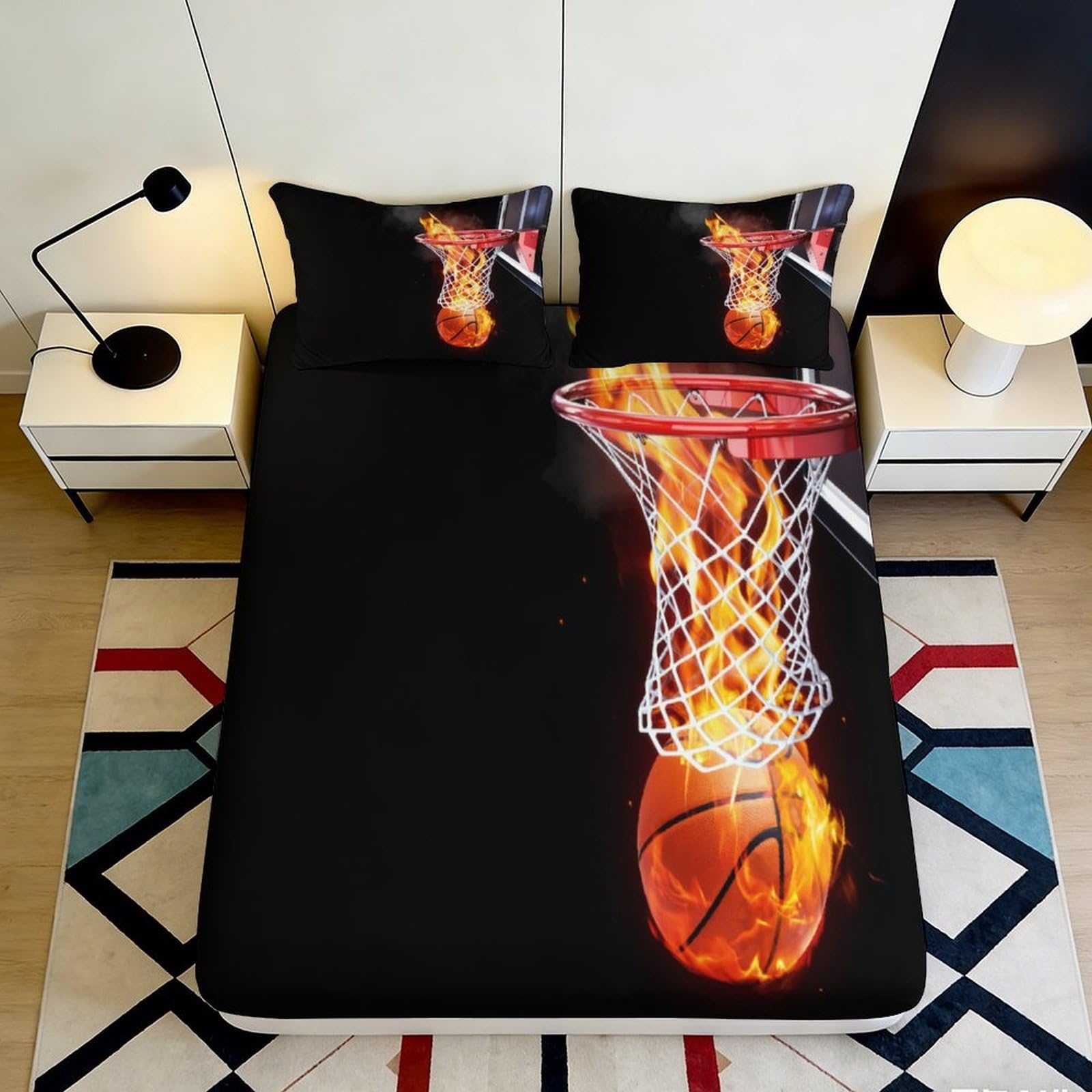 3D Printed Basketball Theme Fitted Sheet Microfiber Non-Slip Deep Pocket Bedroom Bedding Basketball Mattress Fitted Cover Washable for Adults Teens 120x200x25cm