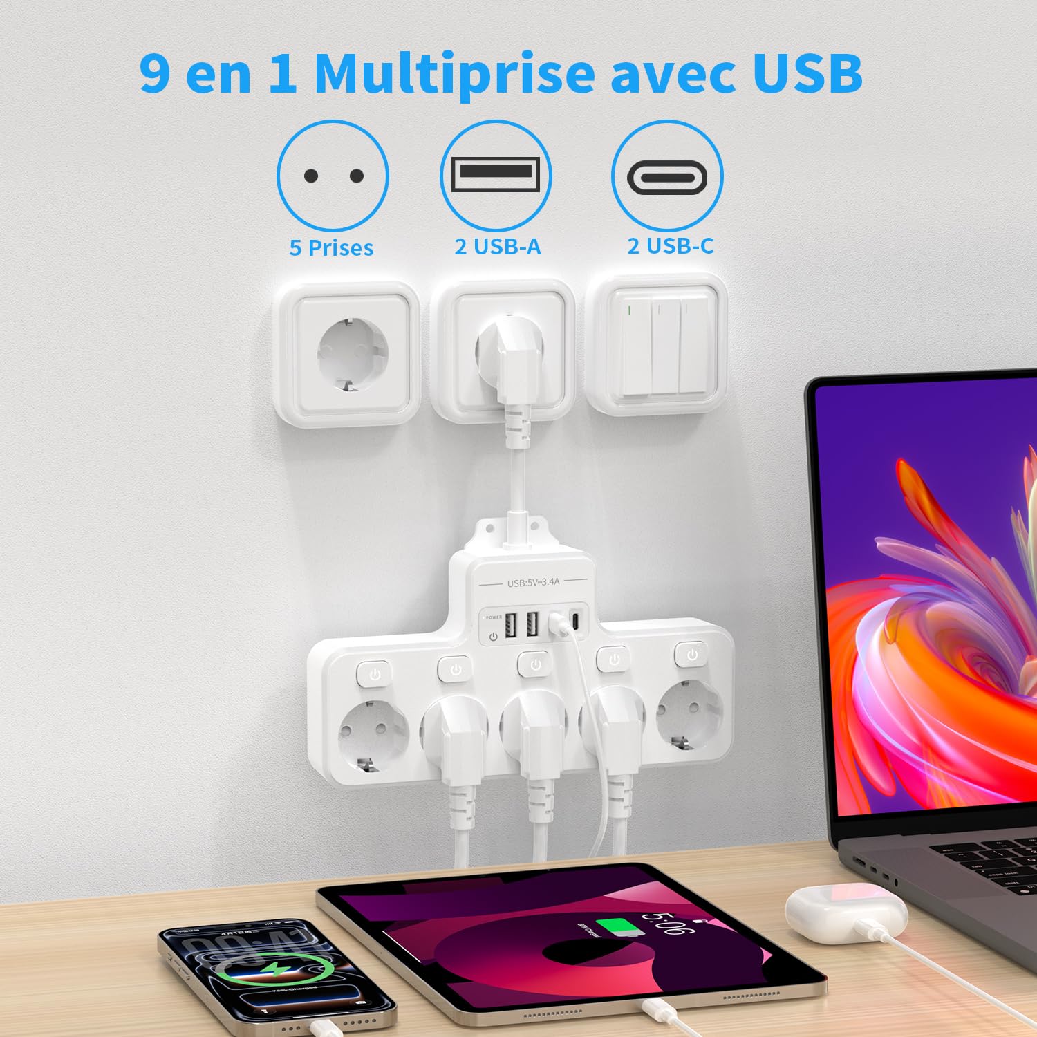 Steckdosenleiste mit individuellem Schalter – 5 Steckdosen Wandsteckdose und USB C, Verlängerungskabel mit Überspannungsschutz, kurzes Kabel, Weiß