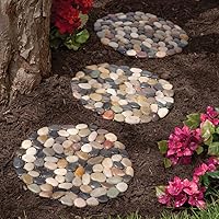 Bits and Pieces 12-Inch Riverstone Round Stepping Stones Set of 3 - Durable Non-Slip Polyresin Garden Path Mats for Yard Decor