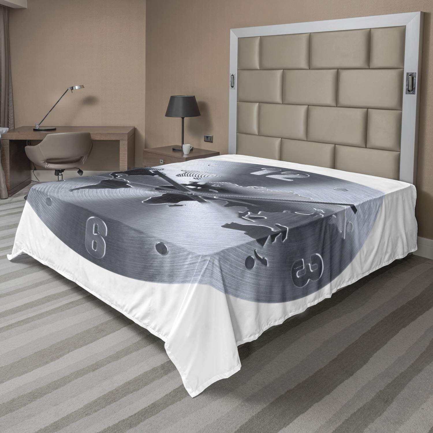 Ambesonne Grey Flat Sheet, Round Clock Print with World Map, Soft and Comfortable Top Sheet Decorative Bedding 1 Piece, Full Size, Blue Grey