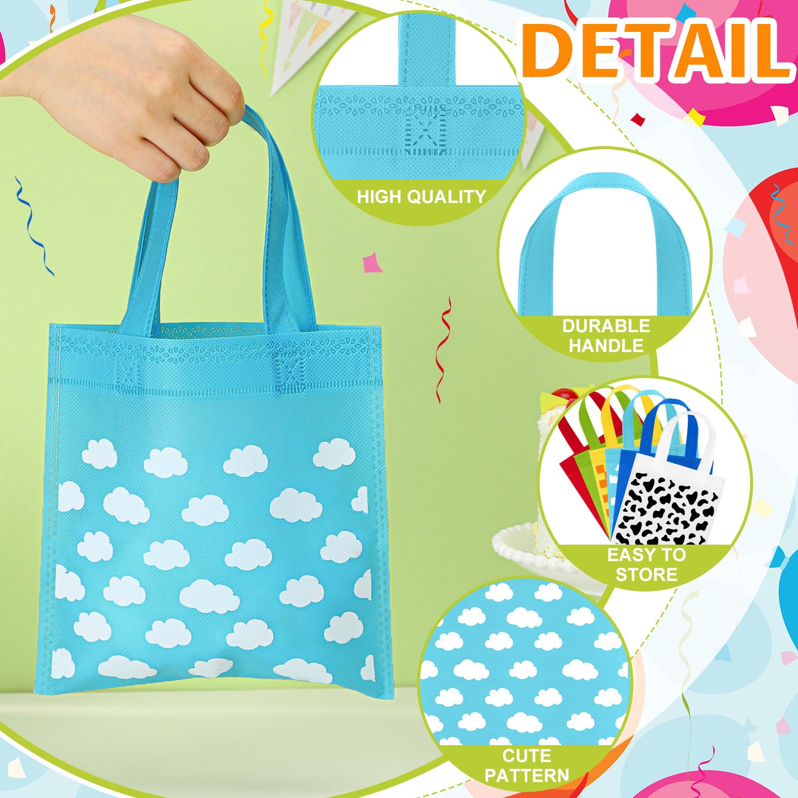 Locmeo 48 Pcs Cartoon Party Favor Bags Cartoon Birthday Party Decorations Blue Sky White Clouds and Cow Print Candy Gift Treat Goodie Bags for Baby Shower Bachelorette Supplies Decoration