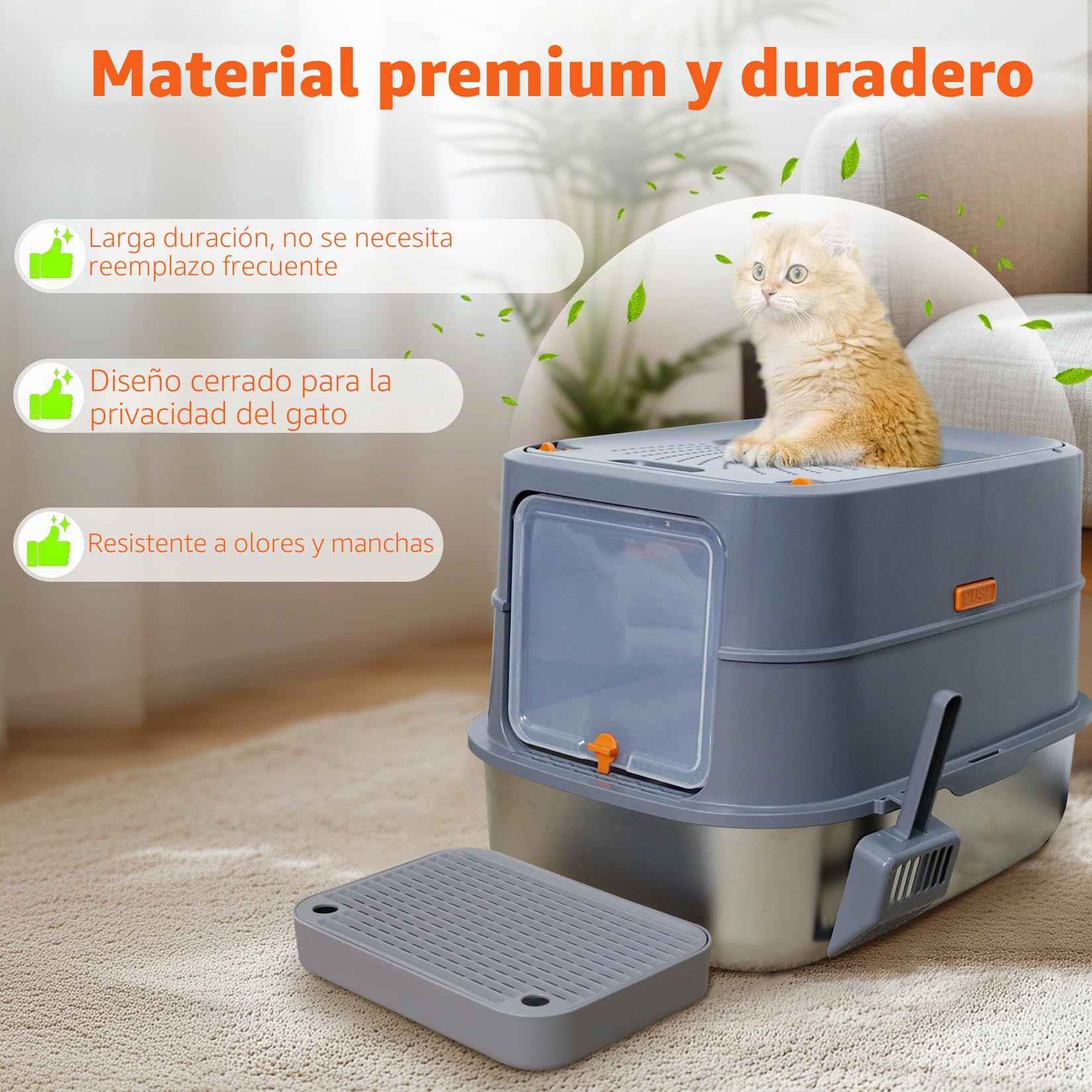 BingoPaw Arenero Gatos Acero Inoxidable Caja de Arena para Gatos Cerrado Grande Metal Extraíble Litter Box Anti-Fugas, Sin Olor, Fácil de Limpiar Cat WC con Pala y Cernidor 58x42x42cm, Gris
