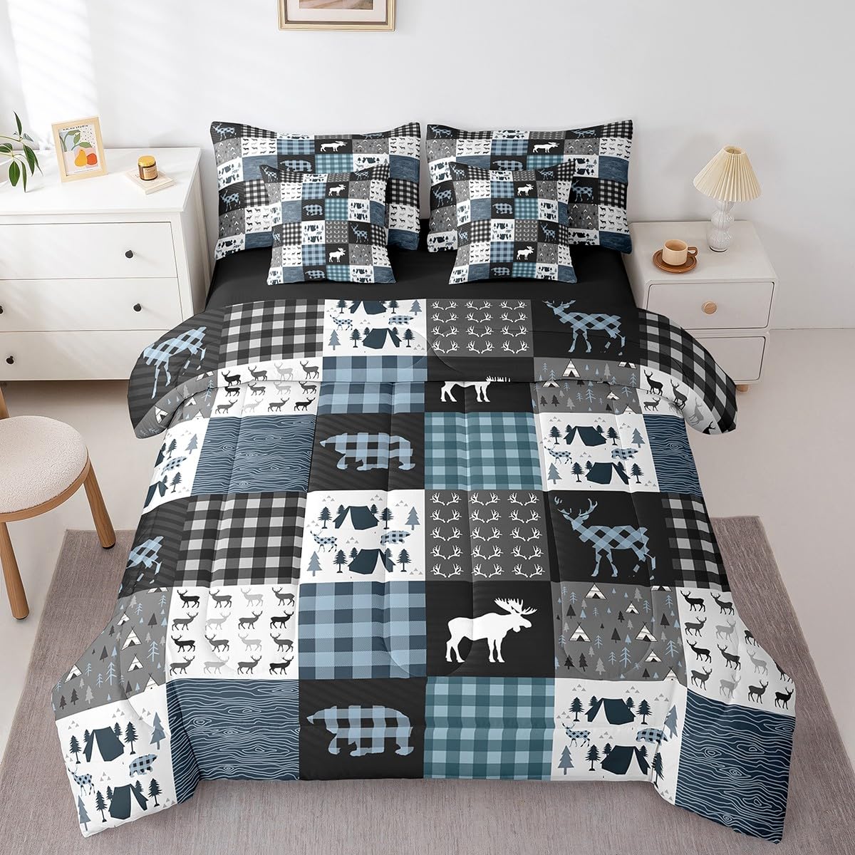 Lodge Cabin Comforter Set 7 Piece Bed in a Bag Twin, Bear Elk Deer Camping Bedding Sets Teal Blue Plaid Woodland Wildlife Comforter and Sheet Set, Patchwork Vintage Antler Rustic Farmhouse Decor