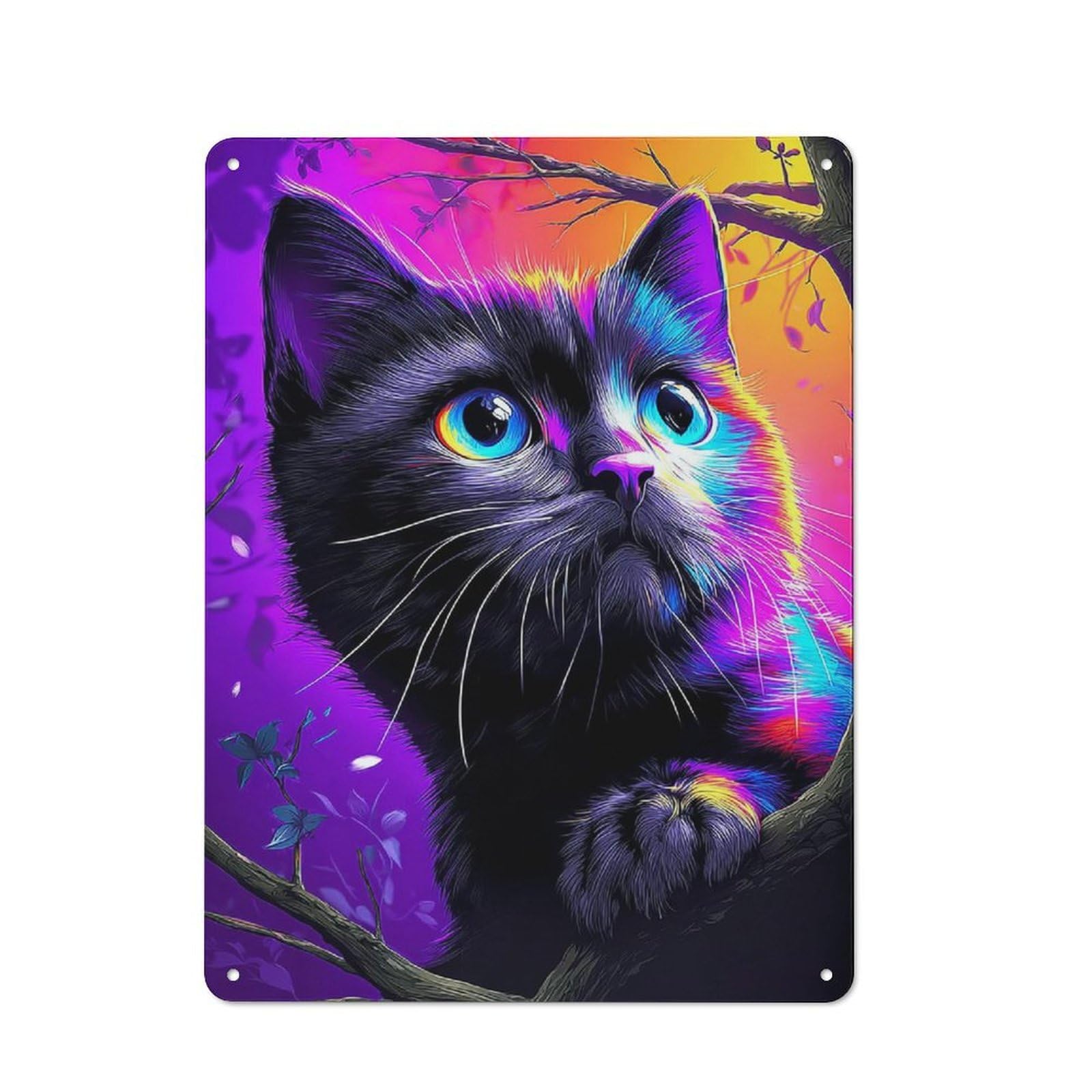 Warehouse Style Tin Wall Sign 40x30cm Featuring Neon Rainbow Kitten on Branch, Loft Wall Plaque for Loft, Studio, Office Or Creative Room