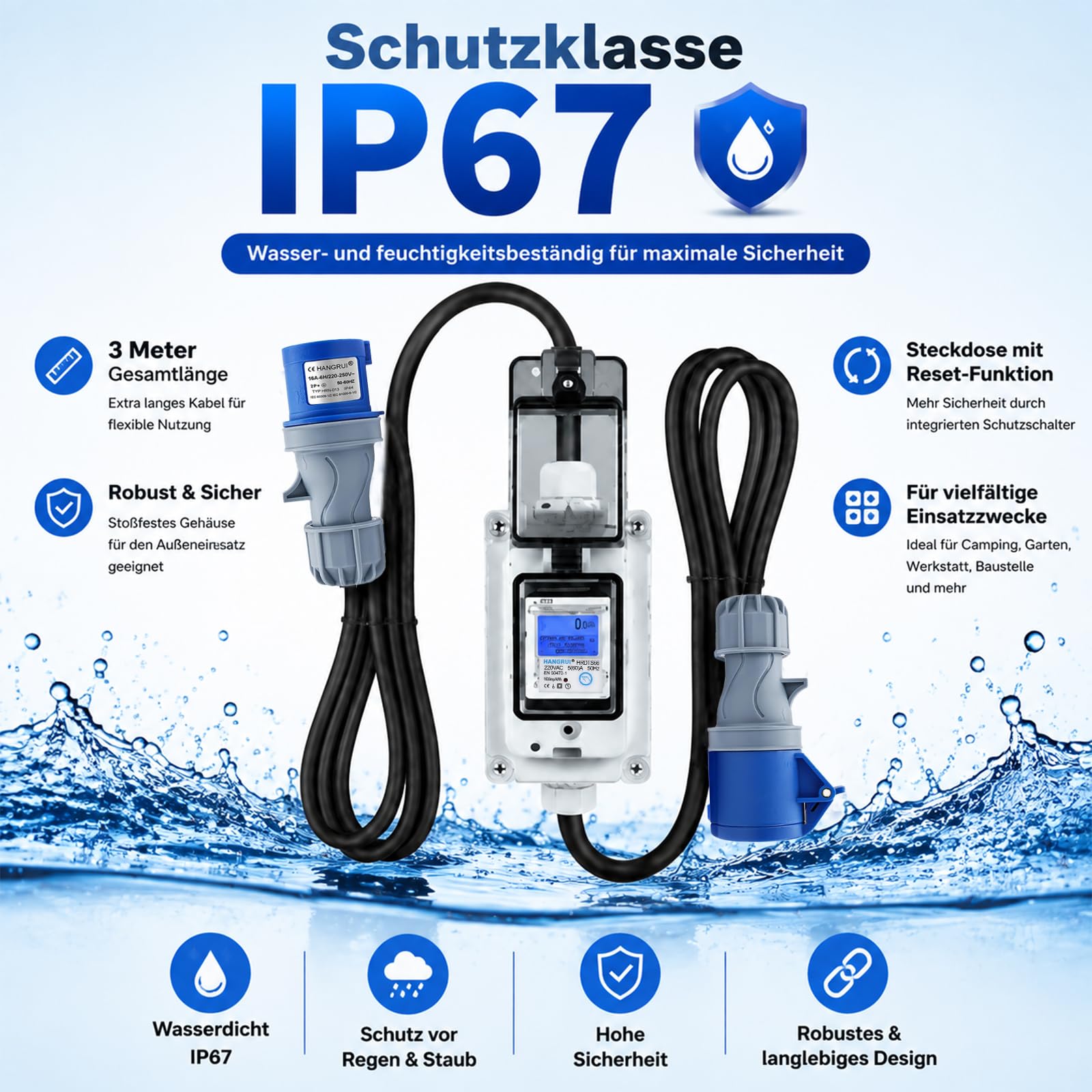 16A Mobiler Stromzähler, Stromzähler 3 Phasen, tromverbrauchsmesser mit KWH Zwischenzähler LED Reset für Elektrofahrzeuge Wohnmobile Haushalte