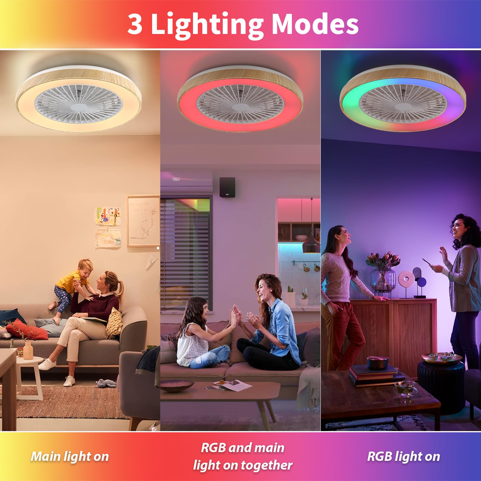 Deckenventilator mit Beleuchtung für Schlafzimmer, Ø48cm, Leise DC Motor 20W, Fernbedienung, 6-Gang, Moderne LED 40W Deckenleuchte mit Ventilator, RGB, Dimmbar, 3000K-6000K, Sommer Winterbetrieb