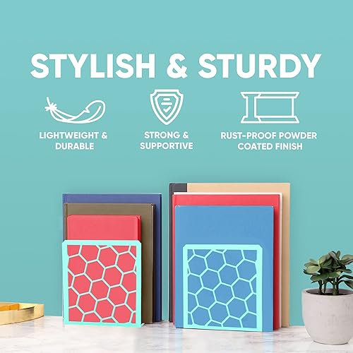 Vista 12 de GEOMOD Sujetalibros geométricos de metal amarillo de panal decorativos, extremos altos y resistentes para estantes, moderno y resistente, soporte