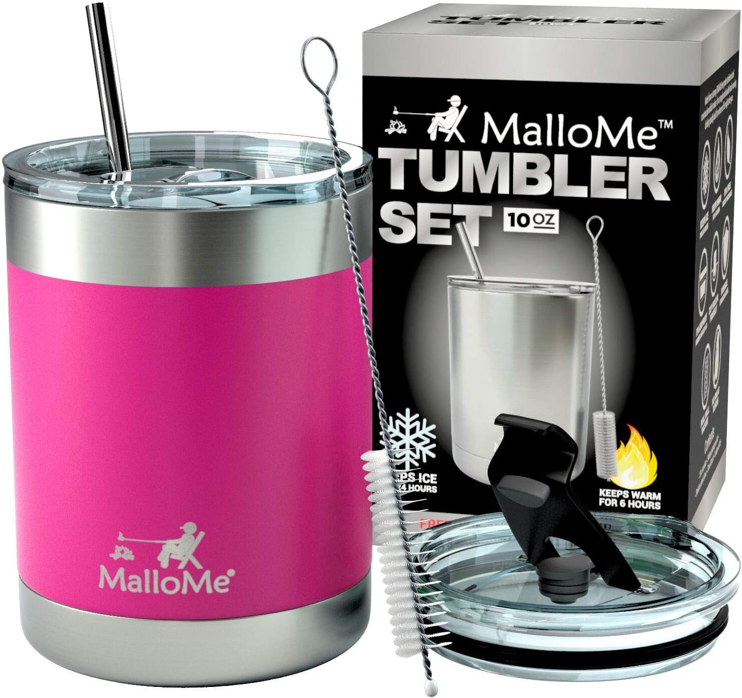 MalloMe Stainless Steel Vacuum Insulated 5-Piece Tumbler Set, Hot Pink 10 oz